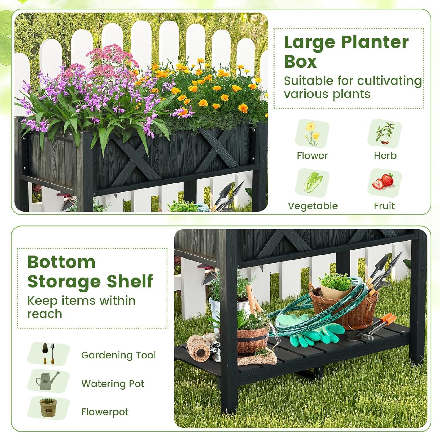 image:imageGiantex HIPS Raised Garden Bed Elevated Planter Box wLegs Storage Shelf Drainage Holes WeatherProof Standing Raised Beds for Backyard Porch Flower Herb Coffee 44 x 18 x 29Black