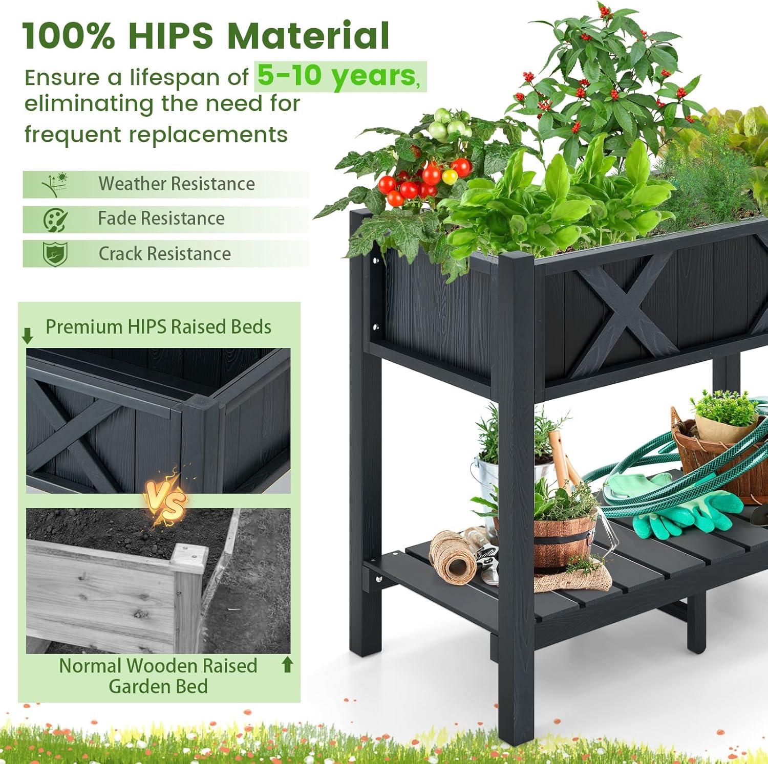 image:imageGiantex HIPS Raised Garden Bed Elevated Planter Box wLegs Storage Shelf Drainage Holes WeatherProof Standing Raised Beds for Backyard Porch Flower Herb Coffee 44 x 18 x 29Black