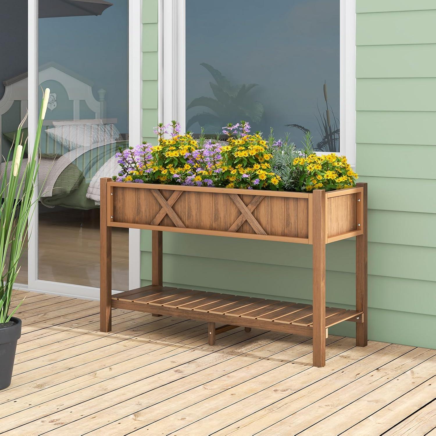 image:imageGiantex HIPS Raised Garden Bed Elevated Planter Box wLegs Storage Shelf Drainage Holes WeatherProof Standing Raised Beds for Backyard Porch Flower Herb Coffee 44 x 18 x 29Coffee