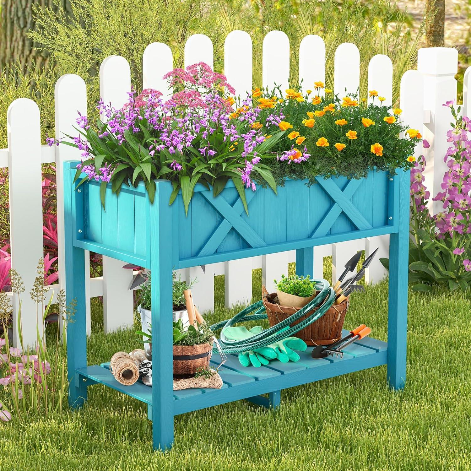 image:imageGiantex HIPS Raised Garden Bed Elevated Planter Box wLegs Storage Shelf Drainage Holes WeatherProof Standing Raised Beds for Backyard Porch Flower Herb Coffee 44 x 18 x 29Blue
