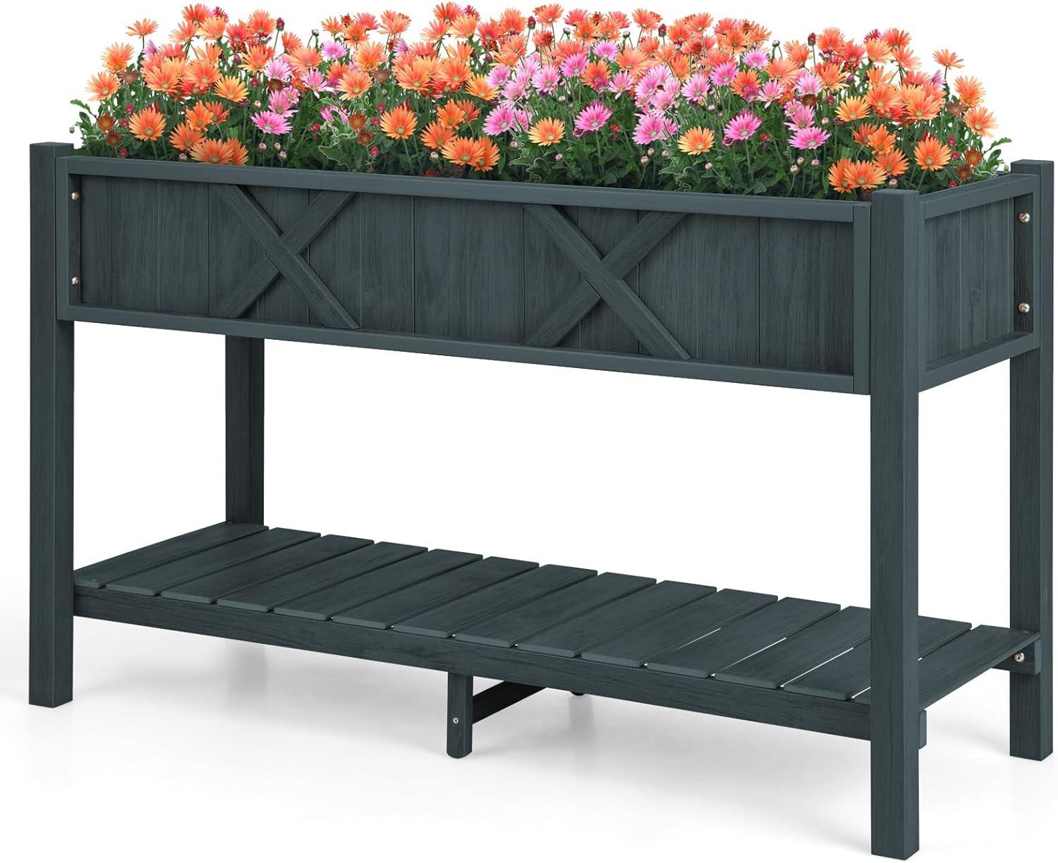 image:imageGiantex HIPS Raised Garden Bed Elevated Planter Box wLegs Storage Shelf Drainage Holes WeatherProof Standing Raised Beds for Backyard Porch Flower Herb Coffee 44 x 18 x 29Black