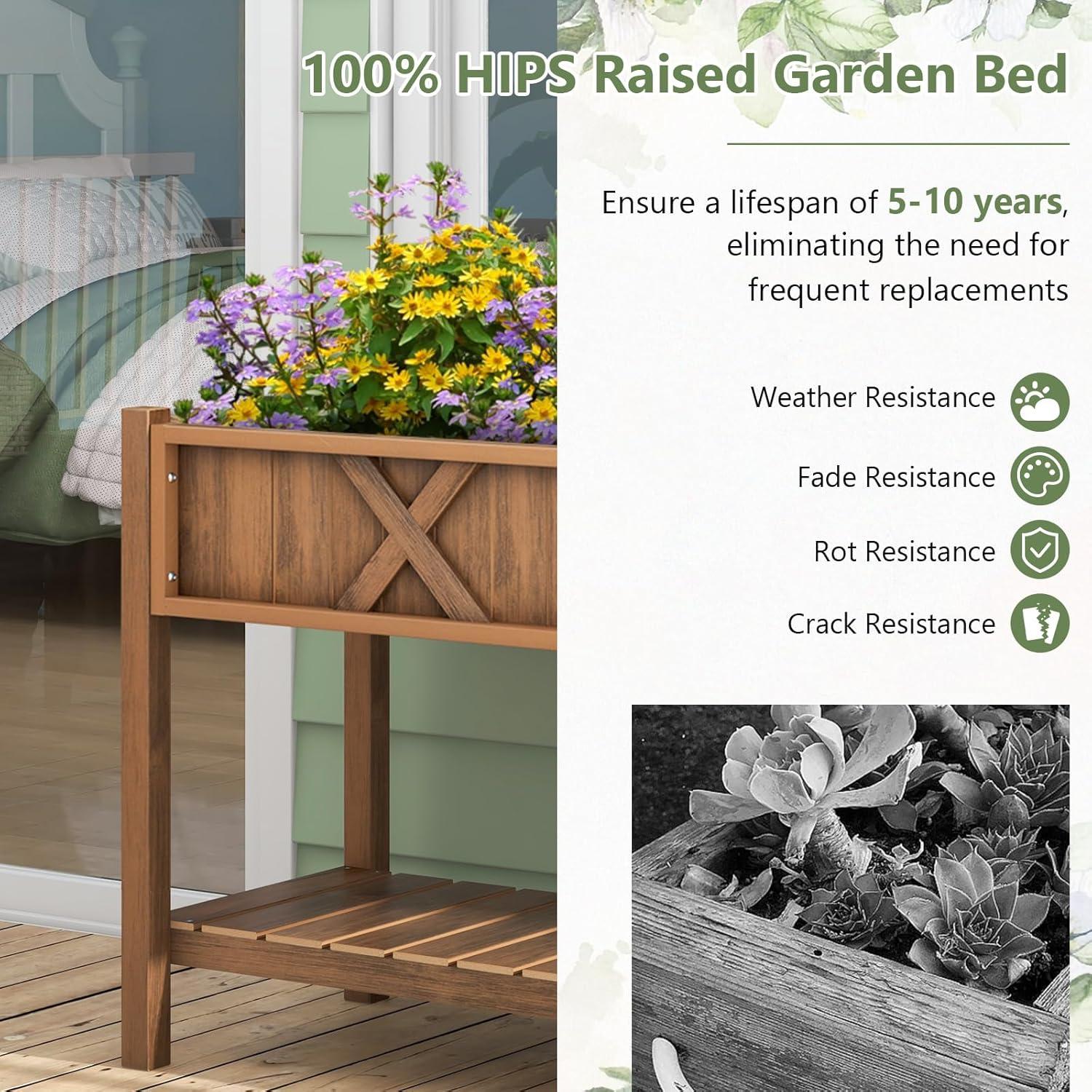 image:imageGiantex HIPS Raised Garden Bed Elevated Planter Box wLegs Storage Shelf Drainage Holes WeatherProof Standing Raised Beds for Backyard Porch Flower Herb Coffee 44 x 18 x 29Coffee