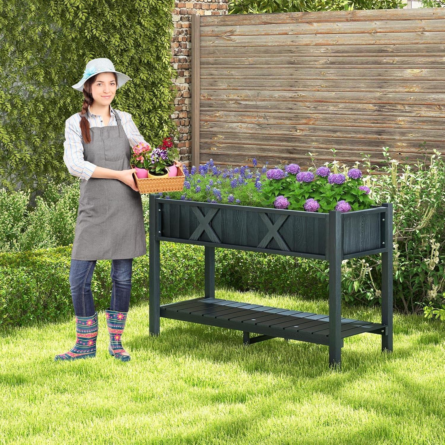 image:imageGiantex HIPS Raised Garden Bed Elevated Planter Box wLegs Storage Shelf Drainage Holes WeatherProof Standing Raised Beds for Backyard Porch Flower Herb Coffee 44 x 18 x 29Black