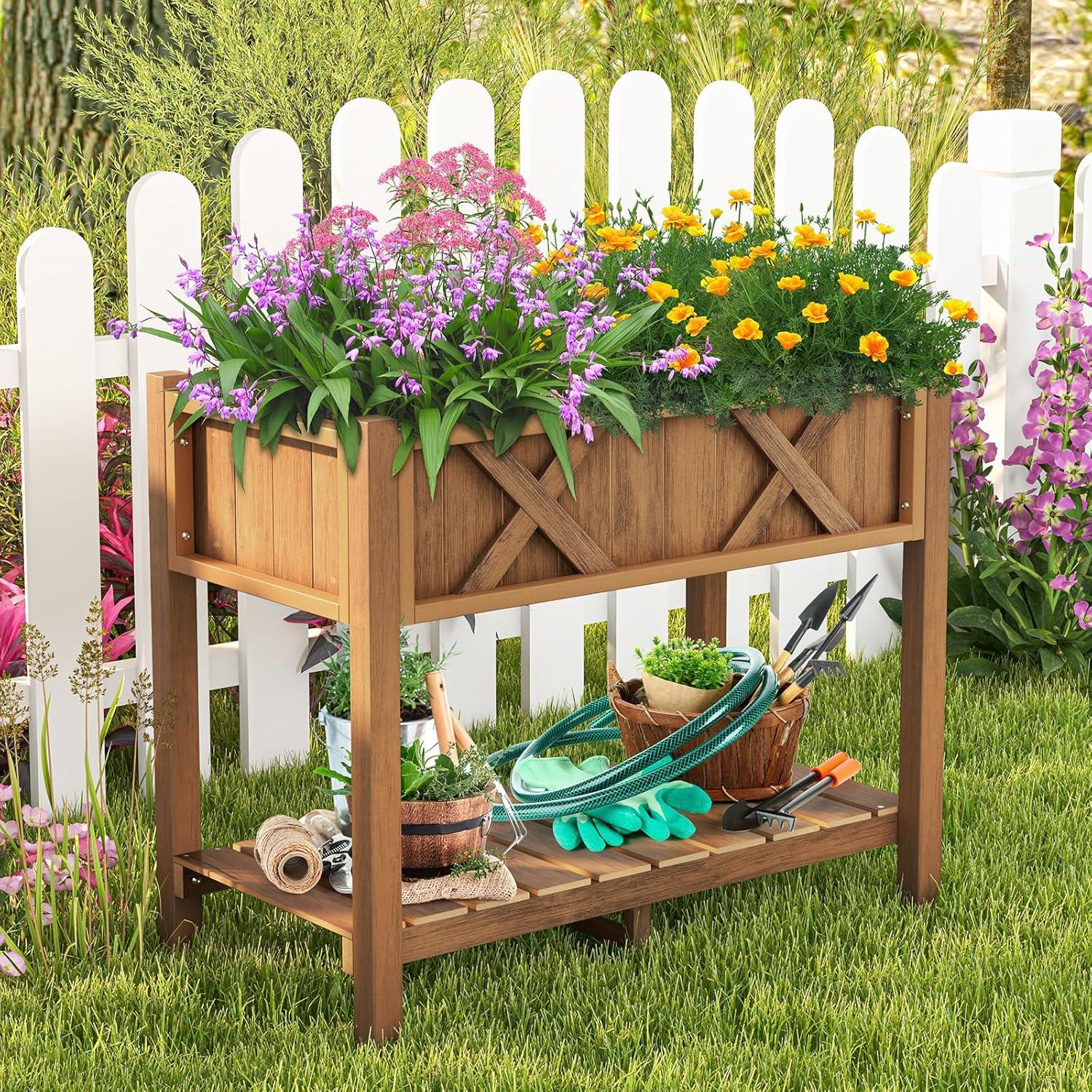 image:imageGiantex HIPS Raised Garden Bed Elevated Planter Box wLegs Storage Shelf Drainage Holes WeatherProof Standing Raised Beds for Backyard Porch Flower Herb Coffee 44 x 18 x 29Coffee