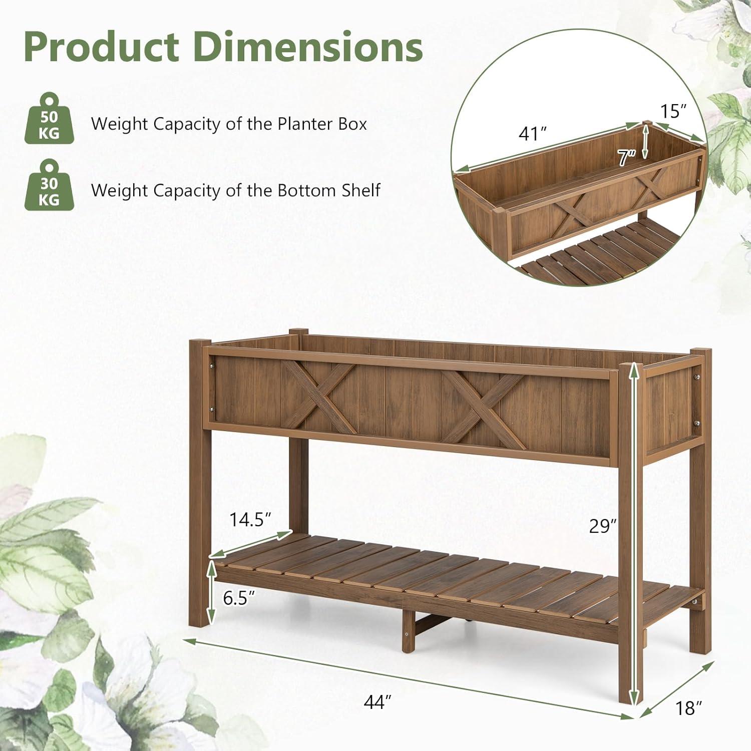 image:imageGiantex HIPS Raised Garden Bed Elevated Planter Box wLegs Storage Shelf Drainage Holes WeatherProof Standing Raised Beds for Backyard Porch Flower Herb Coffee 44 x 18 x 29Coffee