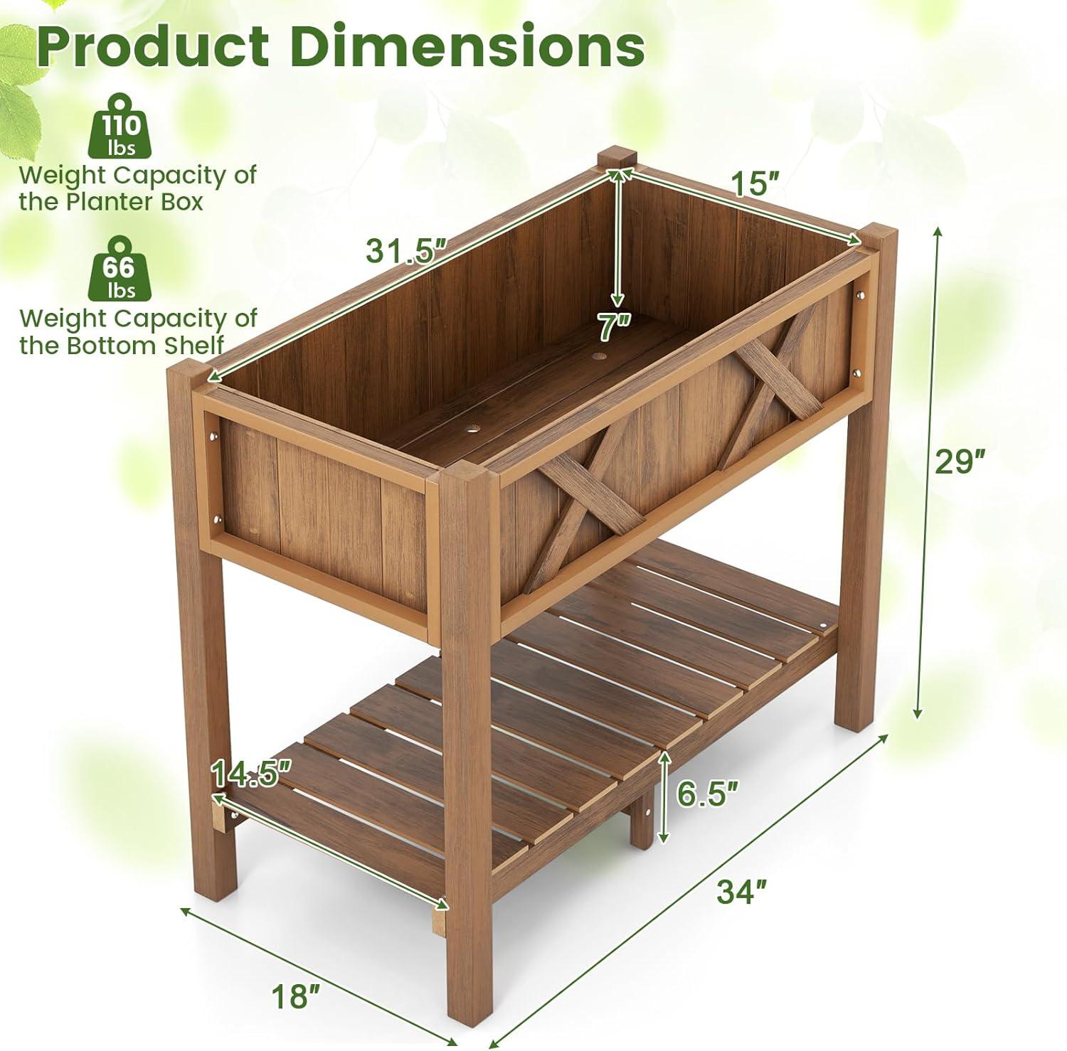 image:imageGiantex HIPS Raised Garden Bed Elevated Planter Box wLegs Storage Shelf Drainage Holes WeatherProof Standing Raised Beds for Backyard Porch Flower Herb Coffee 44 x 18 x 29Coffee