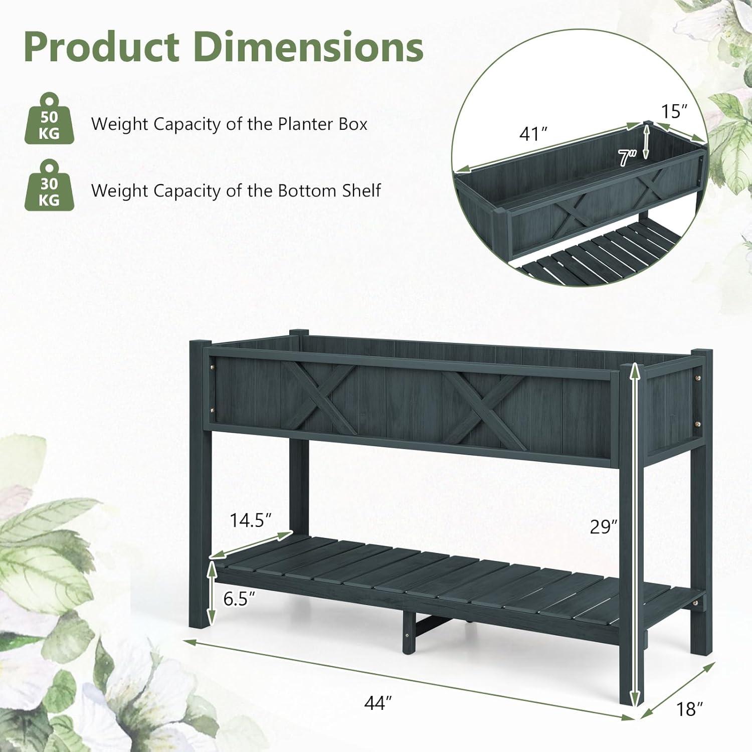 image:imageGiantex HIPS Raised Garden Bed Elevated Planter Box wLegs Storage Shelf Drainage Holes WeatherProof Standing Raised Beds for Backyard Porch Flower Herb Coffee 44 x 18 x 29Black