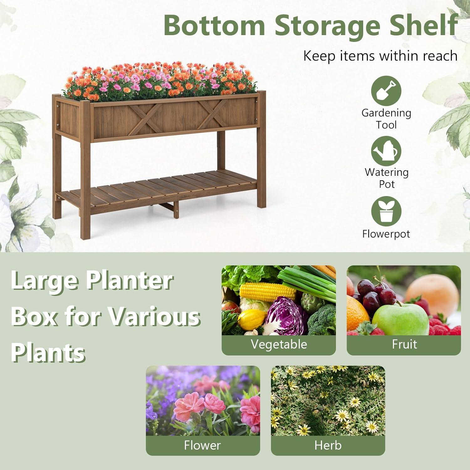 image:imageGiantex HIPS Raised Garden Bed Elevated Planter Box wLegs Storage Shelf Drainage Holes WeatherProof Standing Raised Beds for Backyard Porch Flower Herb Coffee 44 x 18 x 29Coffee