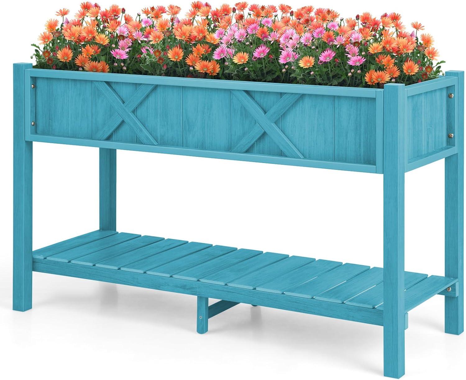 image:imageGiantex HIPS Raised Garden Bed Elevated Planter Box wLegs Storage Shelf Drainage Holes WeatherProof Standing Raised Beds for Backyard Porch Flower Herb Coffee 44 x 18 x 29Blue
