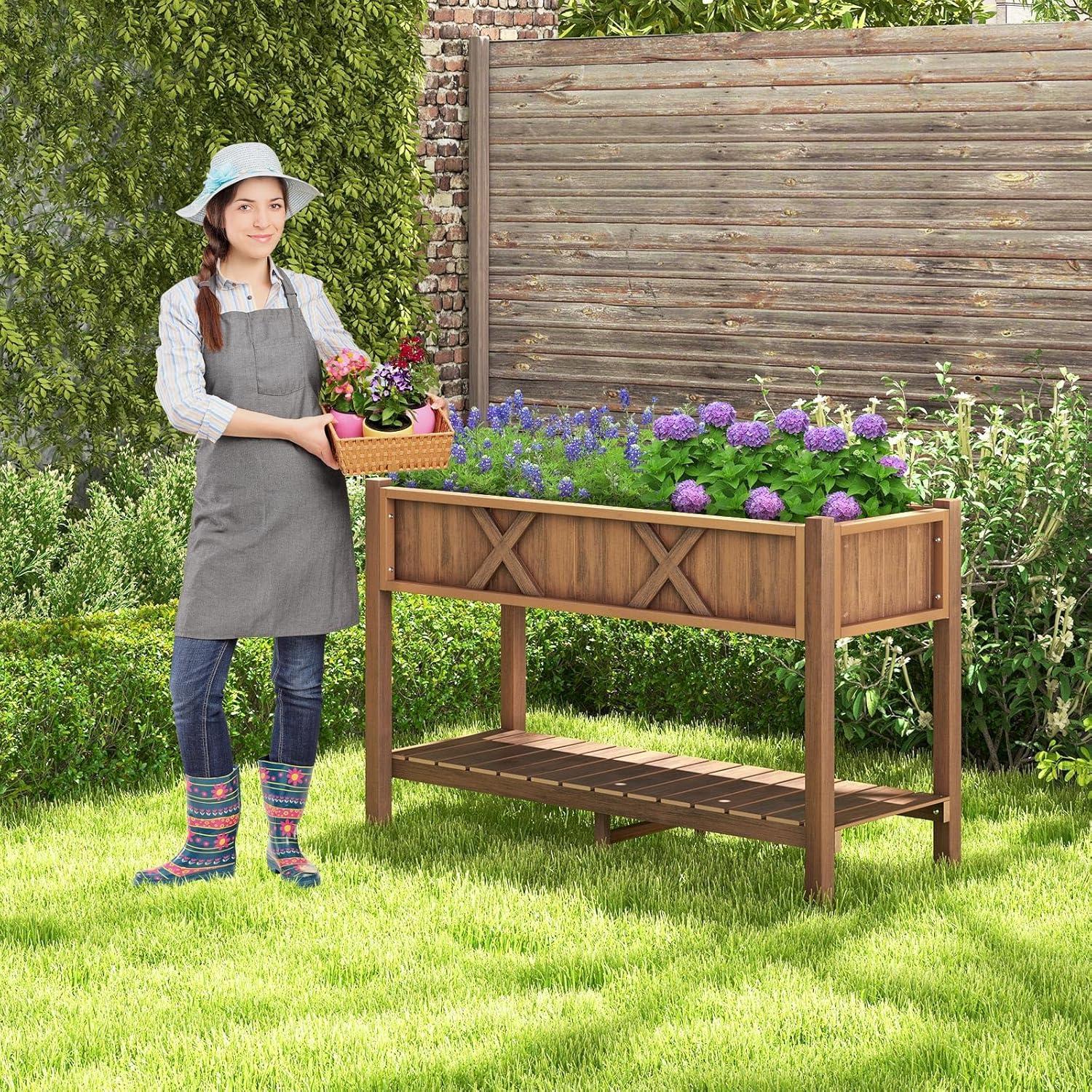 image:imageGiantex HIPS Raised Garden Bed Elevated Planter Box wLegs Storage Shelf Drainage Holes WeatherProof Standing Raised Beds for Backyard Porch Flower Herb Coffee 44 x 18 x 29Coffee