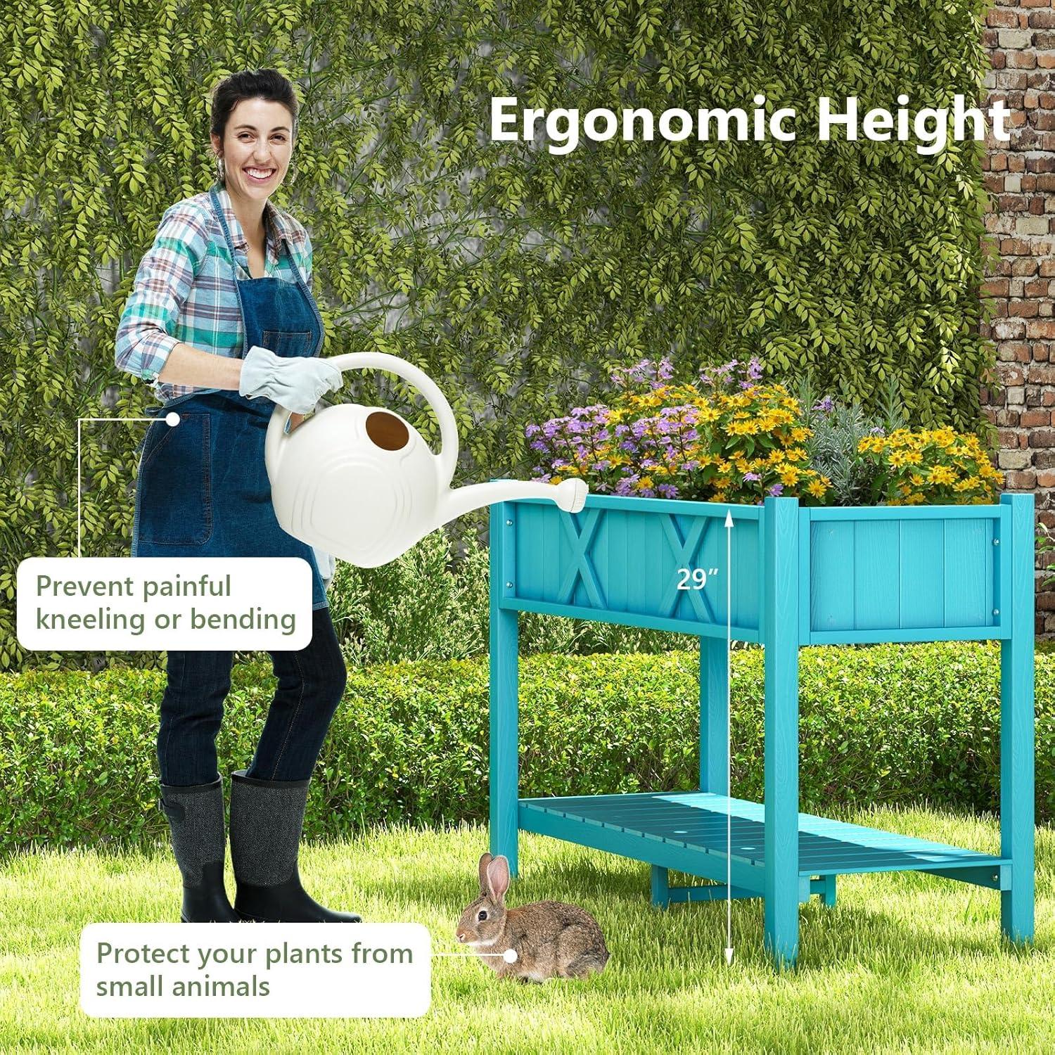 image:imageGiantex HIPS Raised Garden Bed Elevated Planter Box wLegs Storage Shelf Drainage Holes WeatherProof Standing Raised Beds for Backyard Porch Flower Herb Coffee 44 x 18 x 29Blue