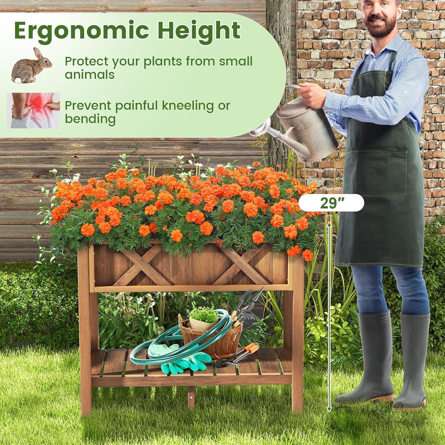 image:imageGiantex HIPS Raised Garden Bed Elevated Planter Box wLegs Storage Shelf Drainage Holes WeatherProof Standing Raised Beds for Backyard Porch Flower Herb Coffee 44 x 18 x 29Coffee