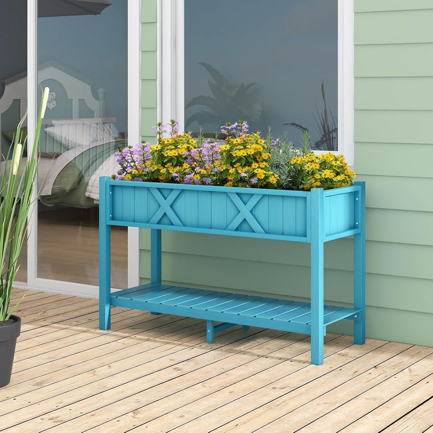 image:imageGiantex HIPS Raised Garden Bed Elevated Planter Box wLegs Storage Shelf Drainage Holes WeatherProof Standing Raised Beds for Backyard Porch Flower Herb Coffee 44 x 18 x 29Blue