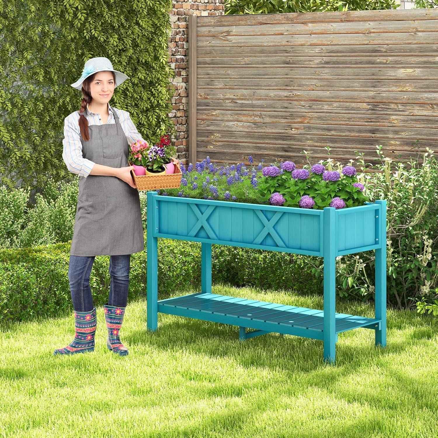 image:imageGiantex HIPS Raised Garden Bed Elevated Planter Box wLegs Storage Shelf Drainage Holes WeatherProof Standing Raised Beds for Backyard Porch Flower Herb Coffee 44 x 18 x 29Blue
