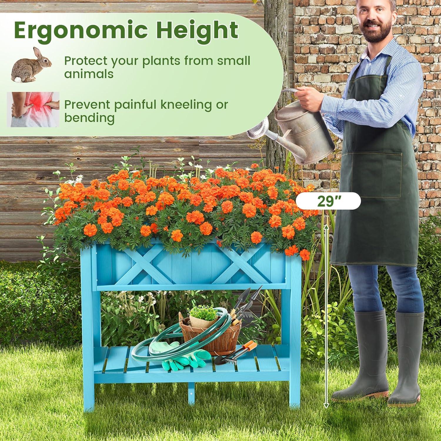 image:imageGiantex HIPS Raised Garden Bed Elevated Planter Box wLegs Storage Shelf Drainage Holes WeatherProof Standing Raised Beds for Backyard Porch Flower Herb Coffee 44 x 18 x 29Blue