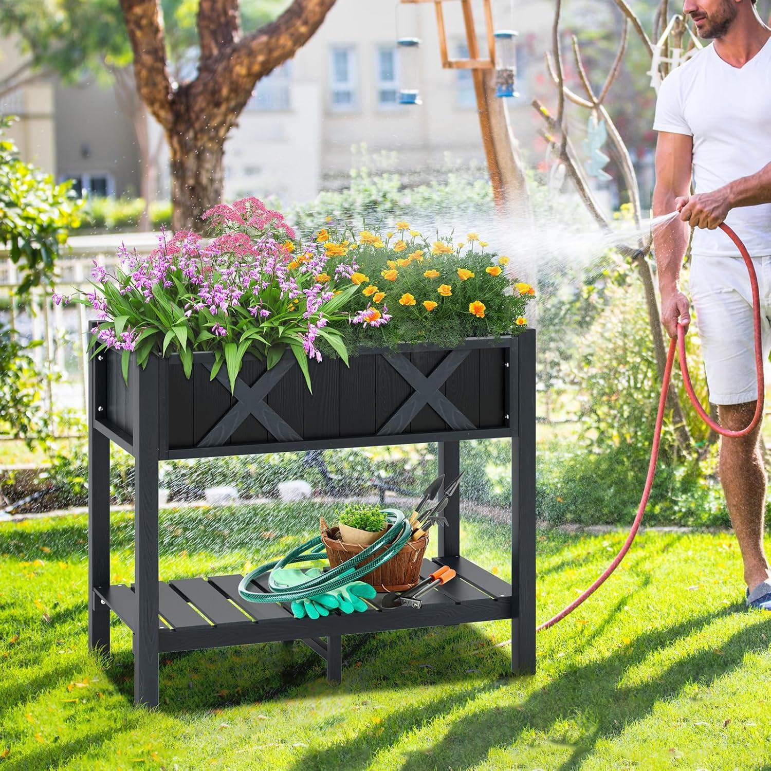 image:imageGiantex HIPS Raised Garden Bed Elevated Planter Box wLegs Storage Shelf Drainage Holes WeatherProof Standing Raised Beds for Backyard Porch Flower Herb Coffee 44 x 18 x 29Black