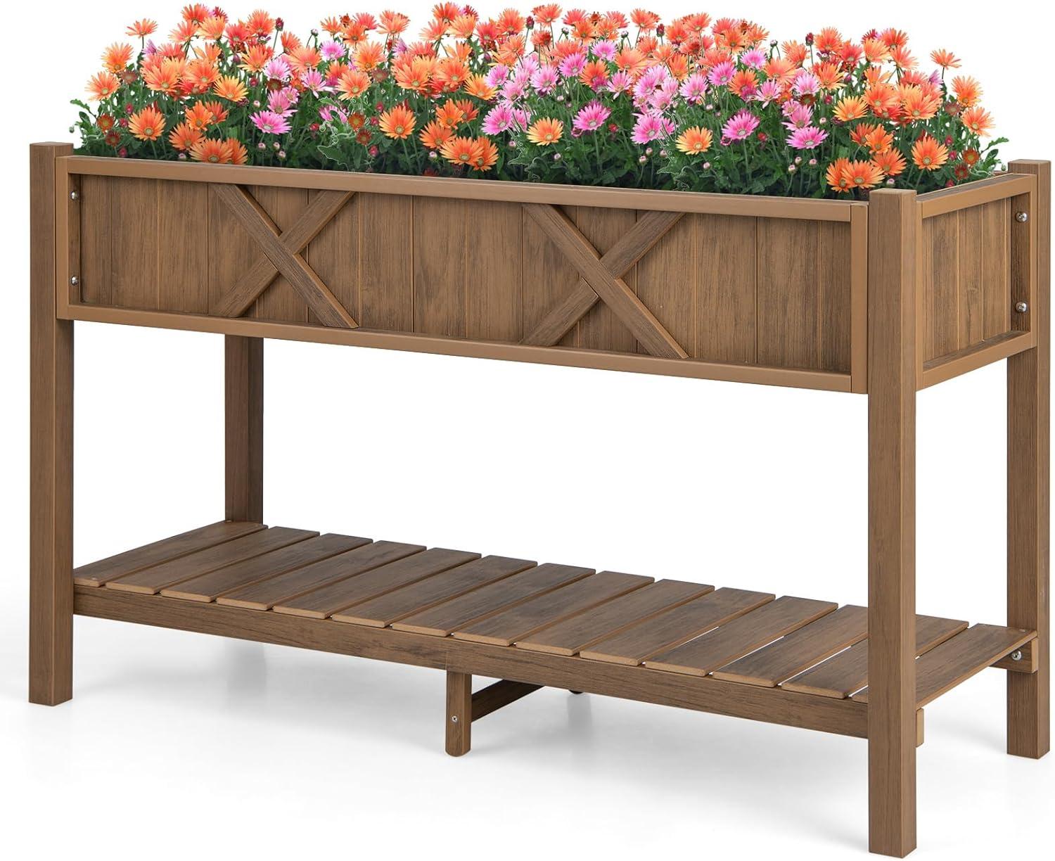 image:imageGiantex HIPS Raised Garden Bed Elevated Planter Box wLegs Storage Shelf Drainage Holes WeatherProof Standing Raised Beds for Backyard Porch Flower Herb Coffee 44 x 18 x 29Coffee