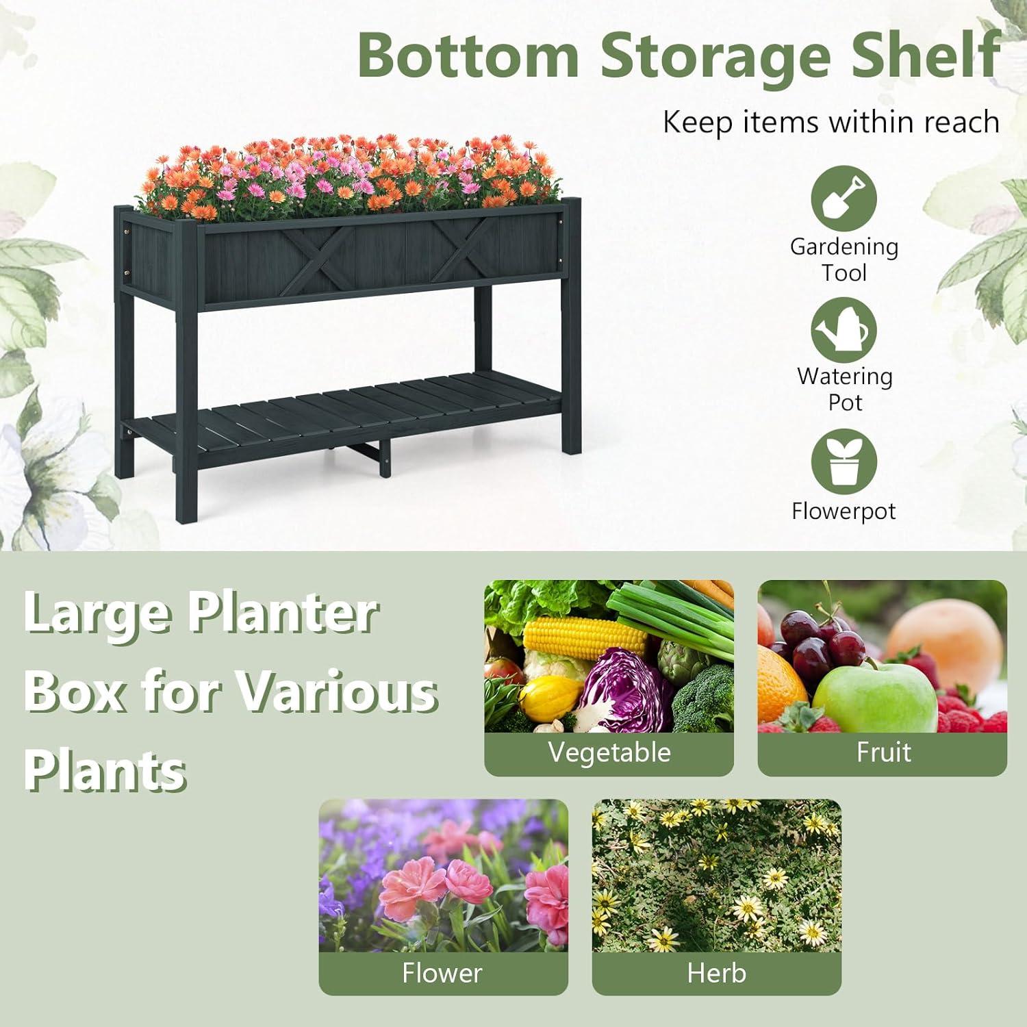image:imageGiantex HIPS Raised Garden Bed Elevated Planter Box wLegs Storage Shelf Drainage Holes WeatherProof Standing Raised Beds for Backyard Porch Flower Herb Coffee 44 x 18 x 29Black