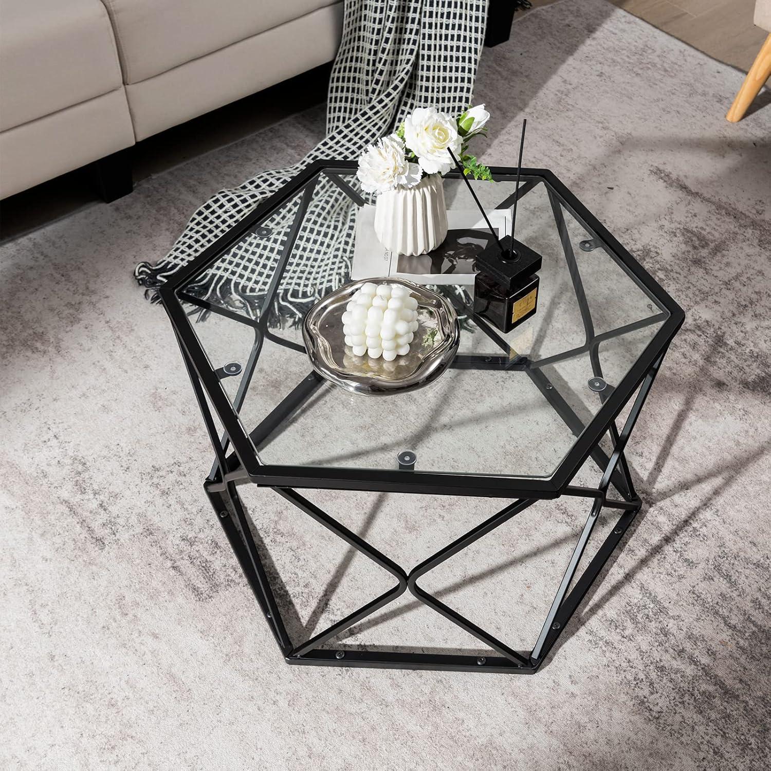image:imageGiantex Hexagonal Glass Coffee Table End Table wTempered Glass Top amp Sturdy Metal Legs Modern Center Table Geometric Small Glass Table for Living Room Reception Room Black