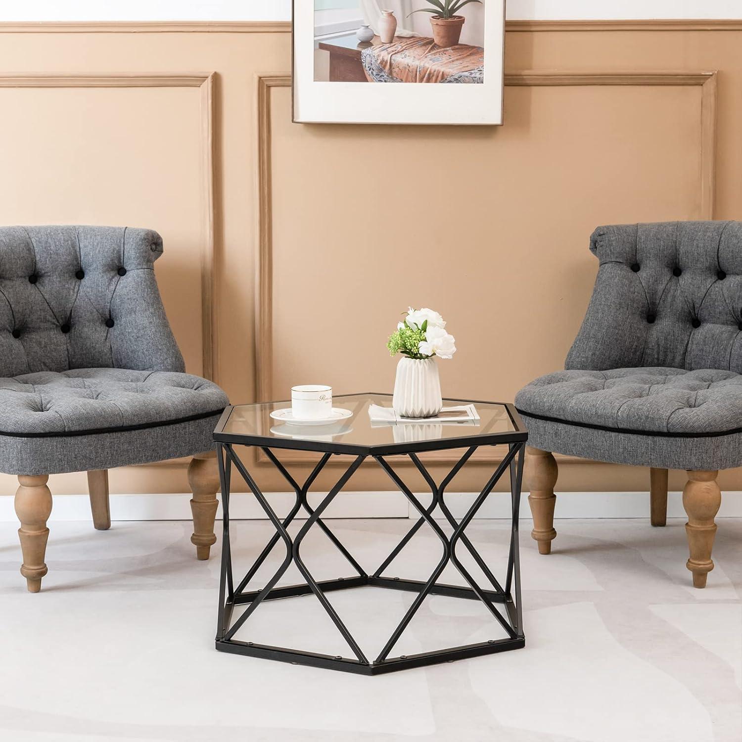 image:imageGiantex Hexagonal Glass Coffee Table End Table wTempered Glass Top amp Sturdy Metal Legs Modern Center Table Geometric Small Glass Table for Living Room Reception Room Black