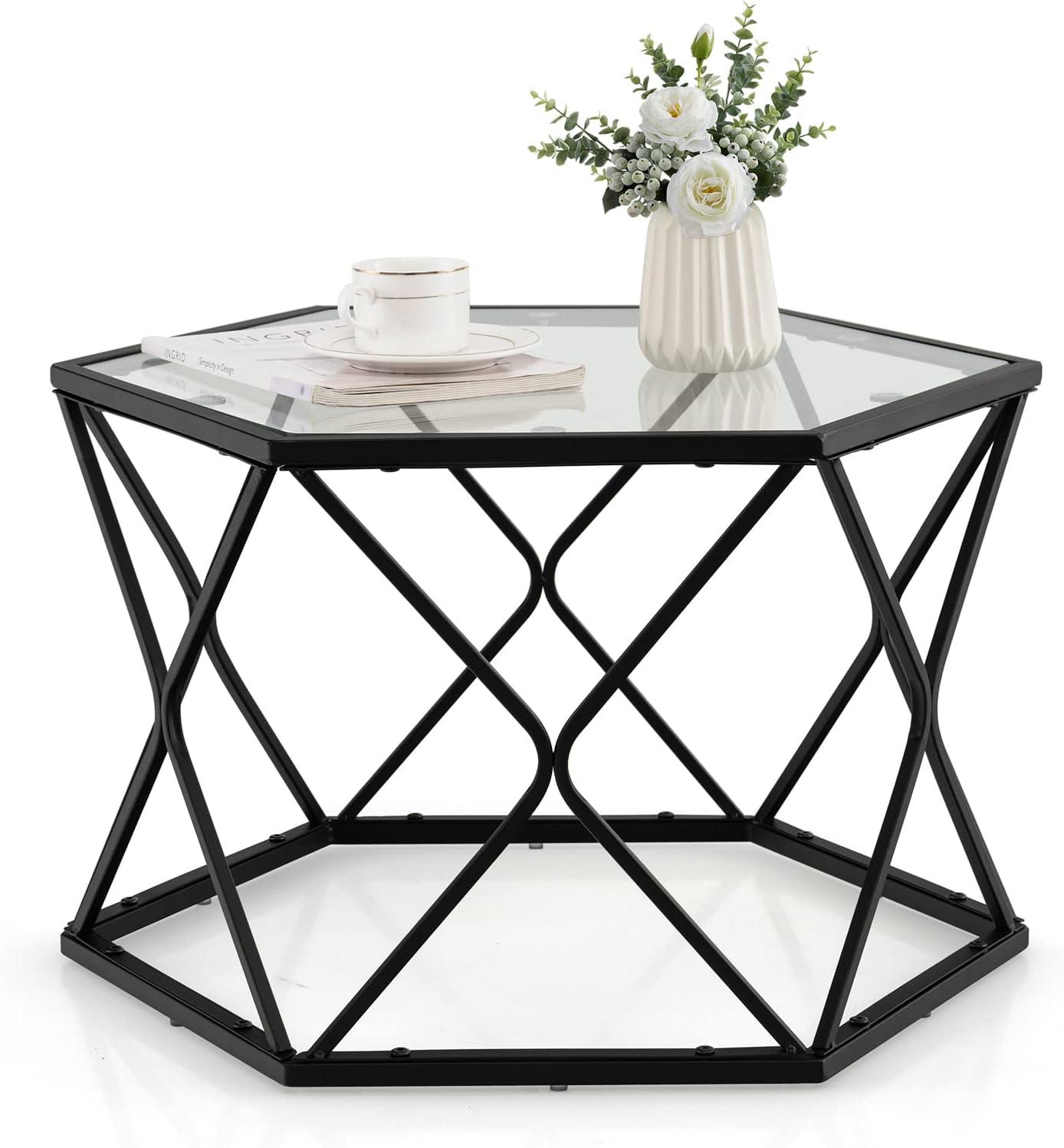 image:imageGiantex Hexagonal Glass Coffee Table End Table wTempered Glass Top amp Sturdy Metal Legs Modern Center Table Geometric Small Glass Table for Living Room Reception Room Black