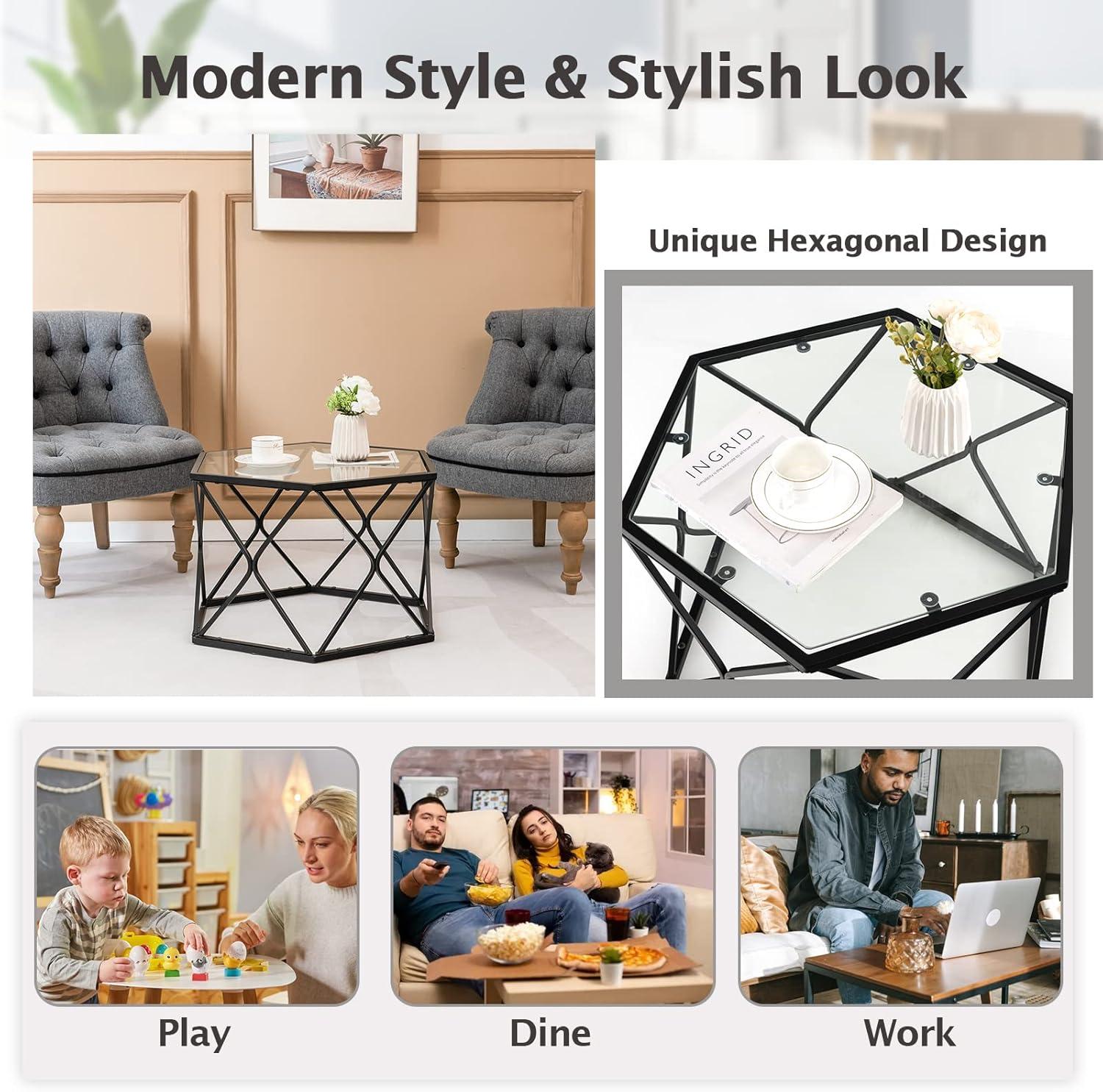 image:imageGiantex Hexagonal Glass Coffee Table End Table wTempered Glass Top amp Sturdy Metal Legs Modern Center Table Geometric Small Glass Table for Living Room Reception Room Black