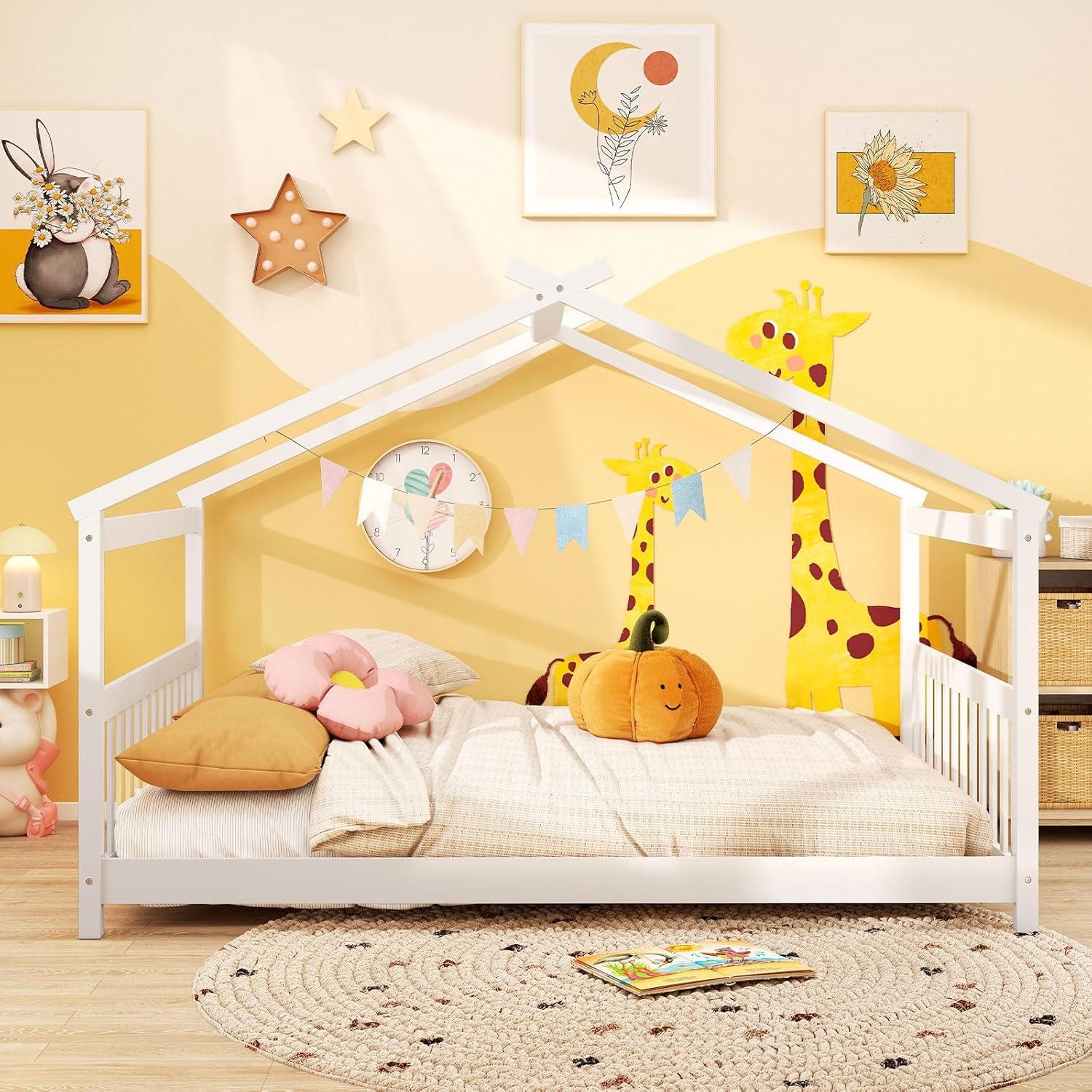 image:imageGiantex House Bed Twin Solid Wood Kids House Bed with Roof Headboard and Footboard Low Floor Twin Bed Frame for Toddlers Teens Girls Boys No Box Spring Needed WhiteWhite