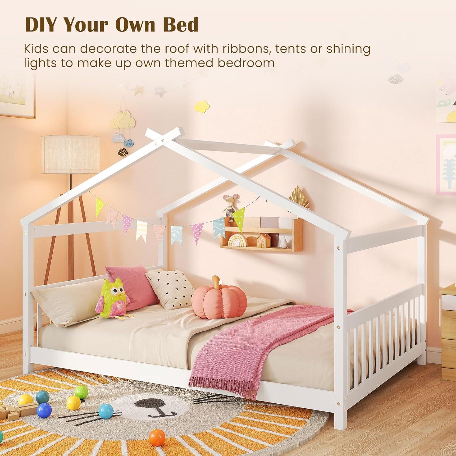 image:imageGiantex House Bed Twin Solid Wood Kids House Bed with Roof Headboard and Footboard Low Floor Twin Bed Frame for Toddlers Teens Girls Boys No Box Spring Needed WhiteWhite
