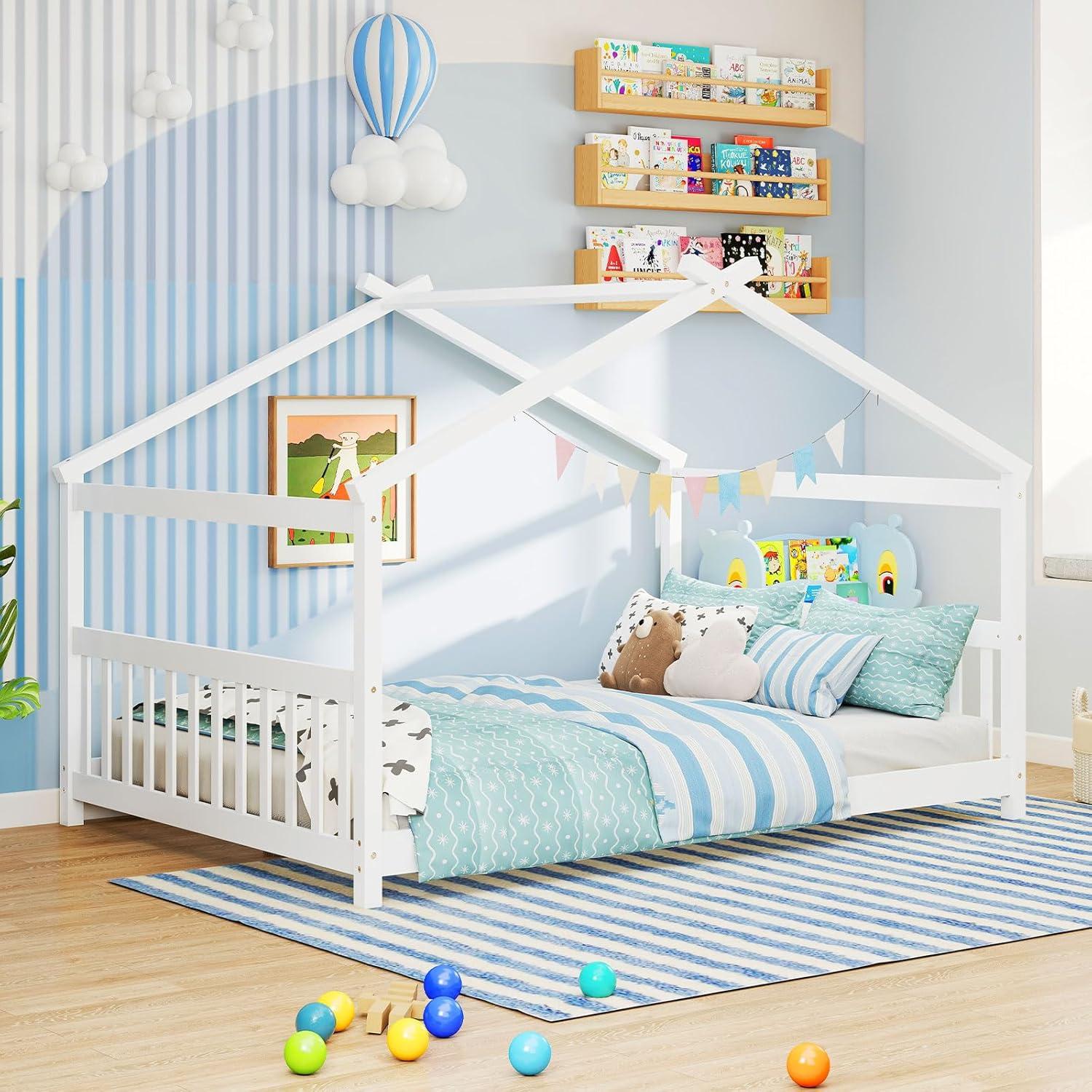 image:imageGiantex House Bed Twin Solid Wood Kids House Bed with Roof Headboard and Footboard Low Floor Twin Bed Frame for Toddlers Teens Girls Boys No Box Spring Needed WhiteWhite