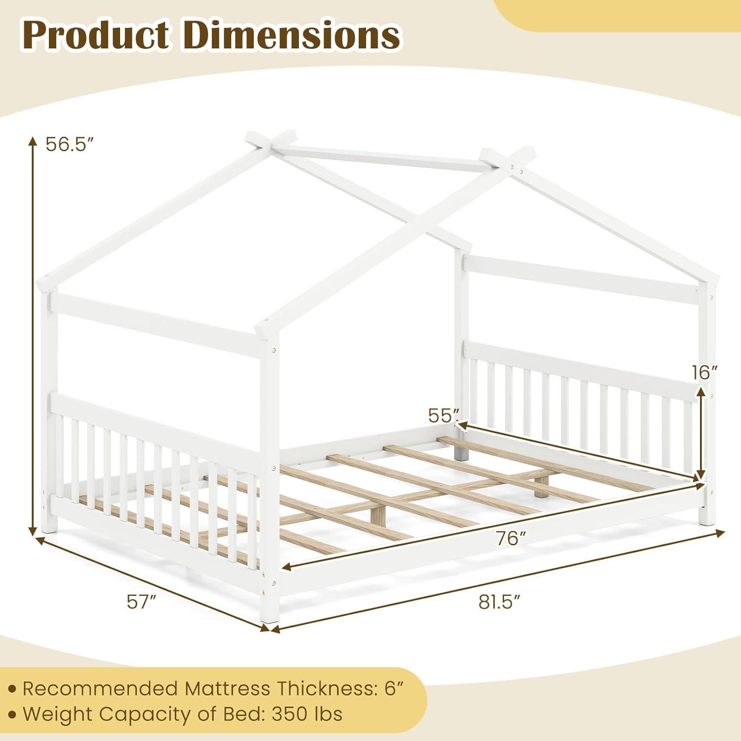 image:imageGiantex House Bed Twin Solid Wood Kids House Bed with Roof Headboard and Footboard Low Floor Twin Bed Frame for Toddlers Teens Girls Boys No Box Spring Needed WhiteWhite