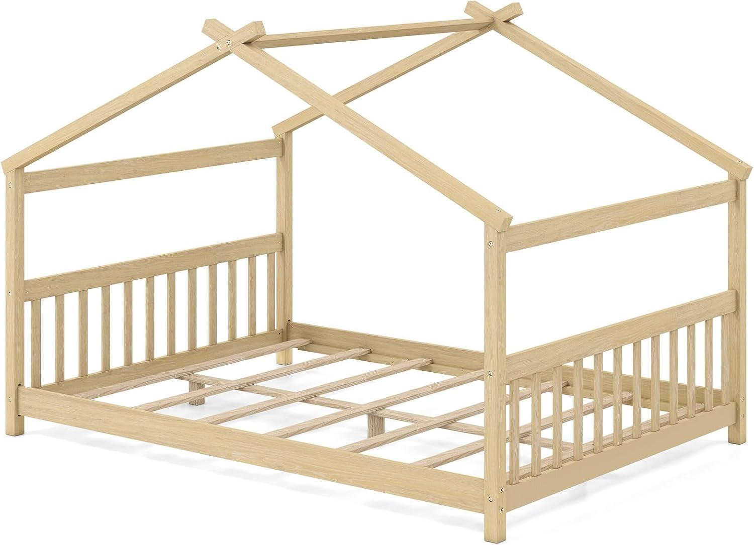 image:imageGiantex House Bed Twin Solid Wood Kids House Bed with Roof Headboard and Footboard Low Floor Twin Bed Frame for Toddlers Teens Girls Boys No Box Spring Needed WhiteNatural