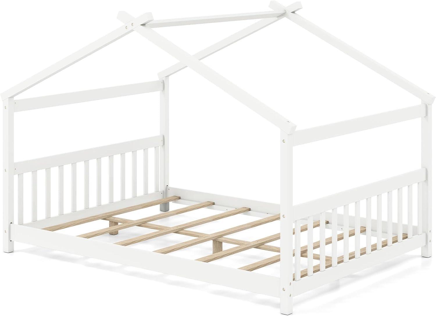 image:imageGiantex House Bed Twin Solid Wood Kids House Bed with Roof Headboard and Footboard Low Floor Twin Bed Frame for Toddlers Teens Girls Boys No Box Spring Needed WhiteWhite
