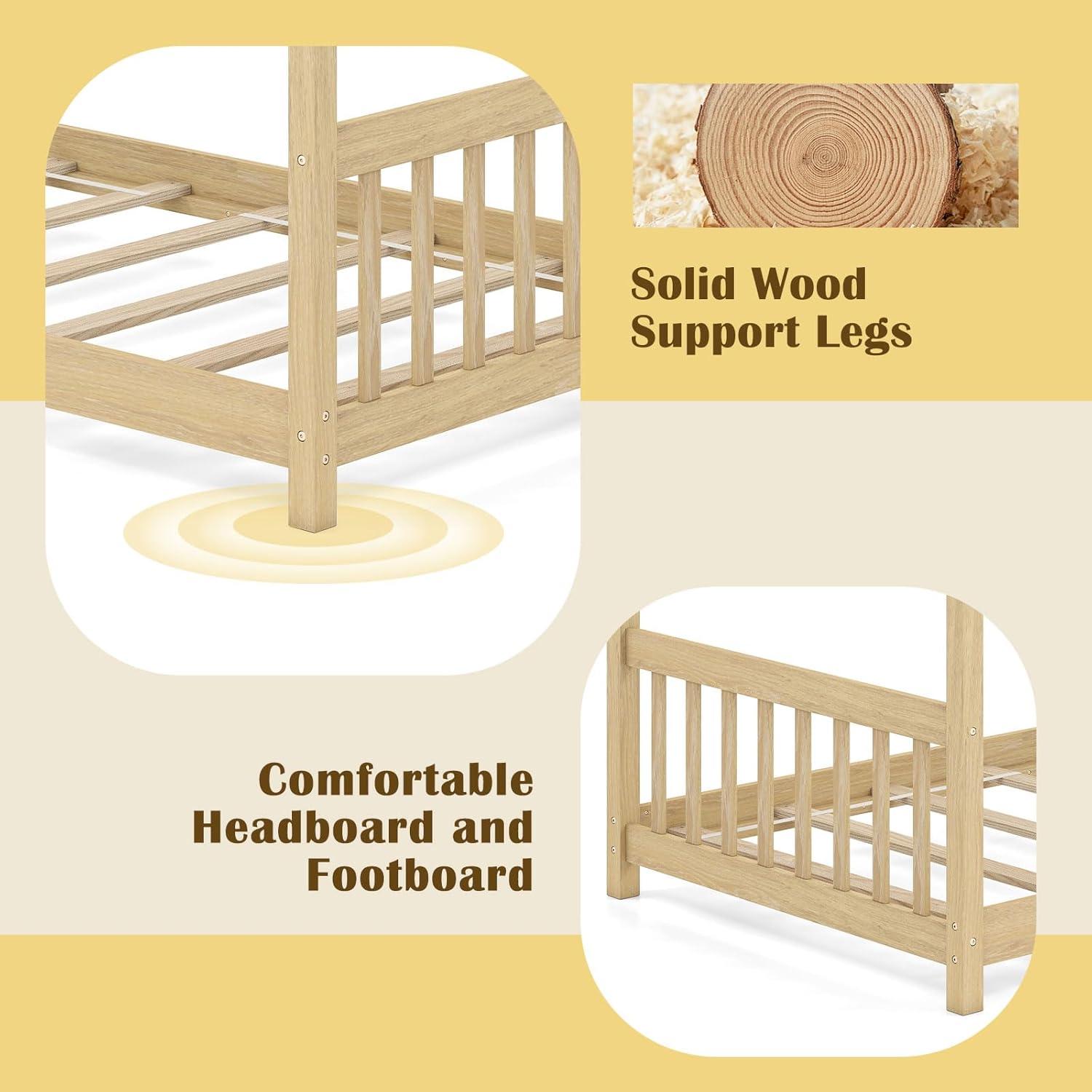 image:imageGiantex House Bed Twin Solid Wood Kids House Bed with Roof Headboard and Footboard Low Floor Twin Bed Frame for Toddlers Teens Girls Boys No Box Spring Needed WhiteNatural