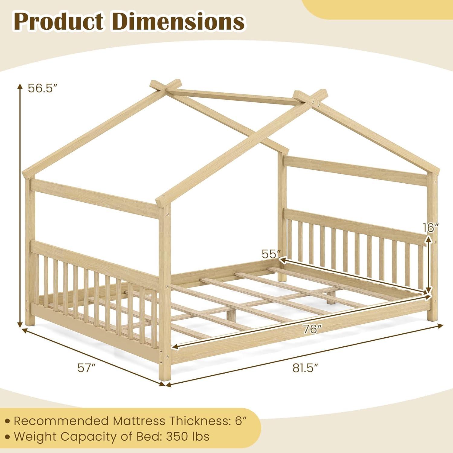 image:imageGiantex House Bed Twin Solid Wood Kids House Bed with Roof Headboard and Footboard Low Floor Twin Bed Frame for Toddlers Teens Girls Boys No Box Spring Needed WhiteNatural