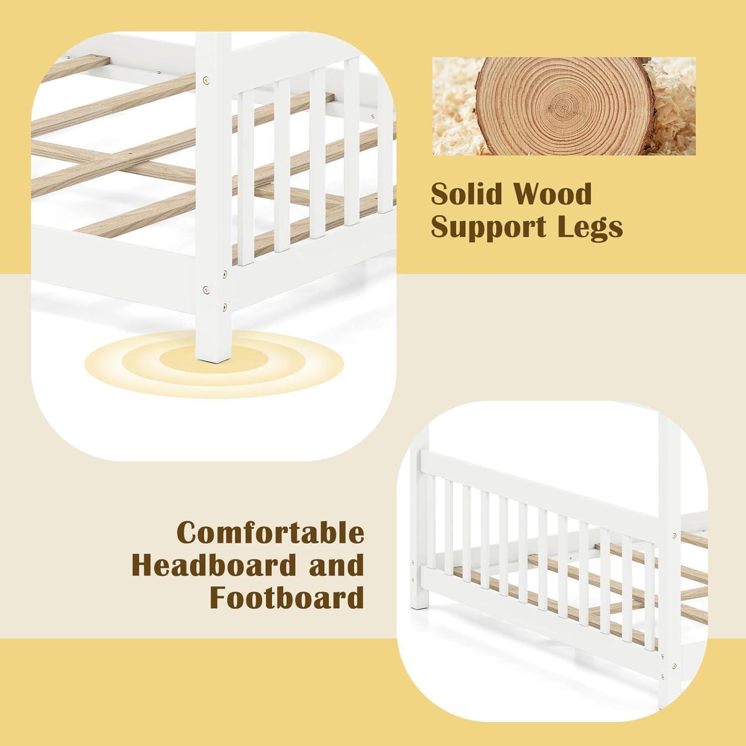 image:imageGiantex House Bed Twin Solid Wood Kids House Bed with Roof Headboard and Footboard Low Floor Twin Bed Frame for Toddlers Teens Girls Boys No Box Spring Needed WhiteWhite
