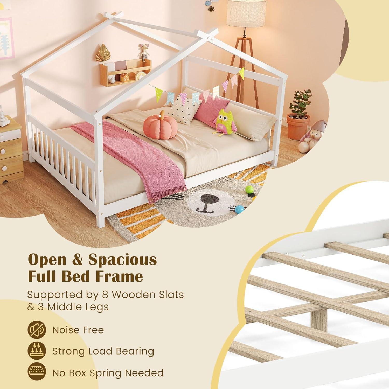 image:imageGiantex House Bed Twin Solid Wood Kids House Bed with Roof Headboard and Footboard Low Floor Twin Bed Frame for Toddlers Teens Girls Boys No Box Spring Needed WhiteWhite
