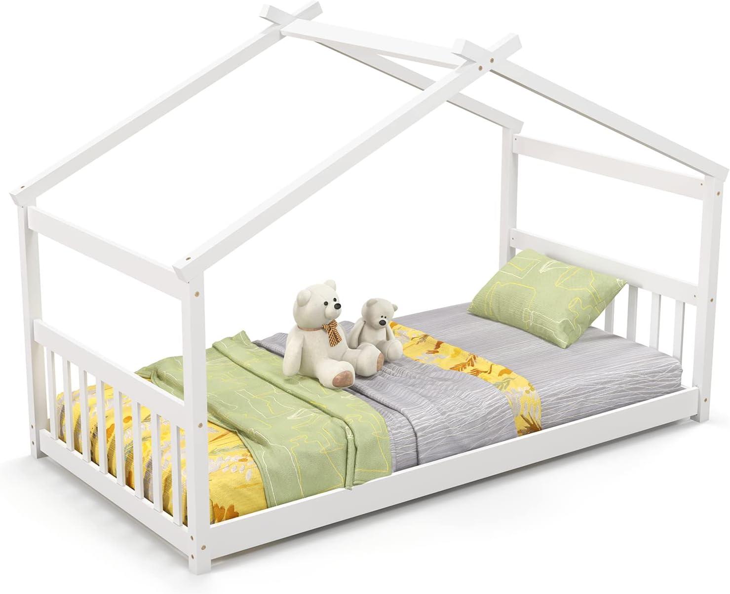image:imageGiantex House Bed Twin Solid Wood Kids House Bed with Roof Headboard and Footboard Low Floor Twin Bed Frame for Toddlers Teens Girls Boys No Box Spring Needed WhiteWhite