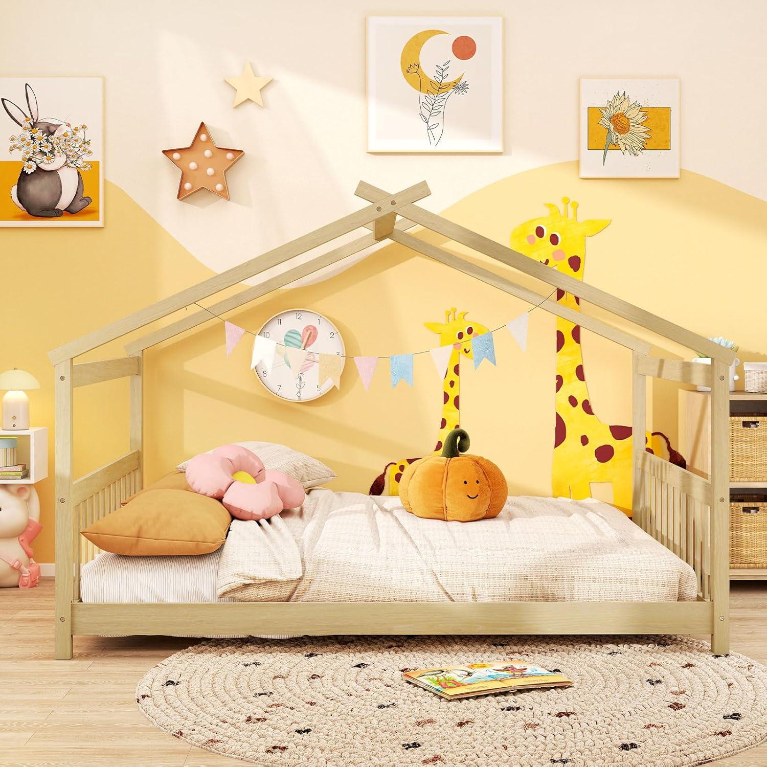 image:imageGiantex House Bed Twin Solid Wood Kids House Bed with Roof Headboard and Footboard Low Floor Twin Bed Frame for Toddlers Teens Girls Boys No Box Spring Needed WhiteNatural