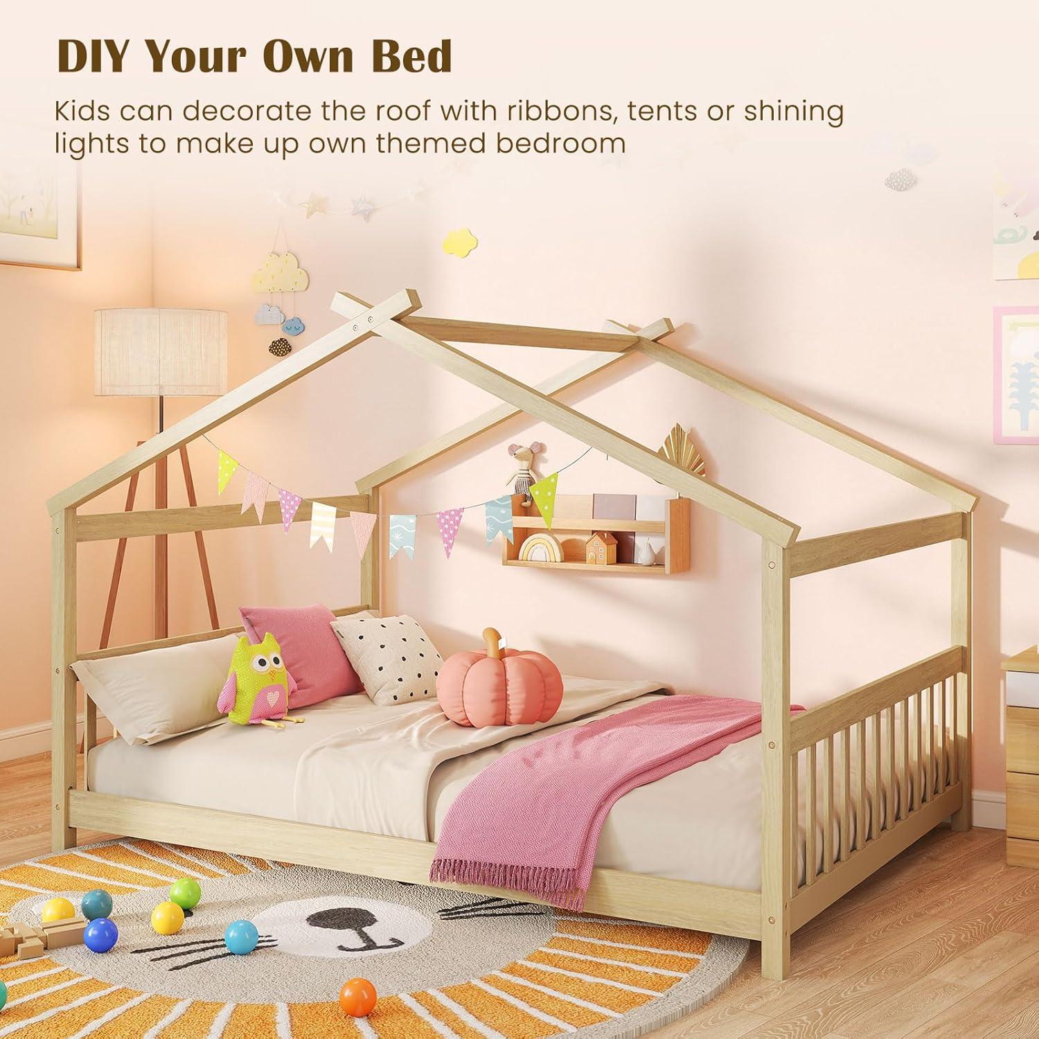 image:imageGiantex House Bed Twin Solid Wood Kids House Bed with Roof Headboard and Footboard Low Floor Twin Bed Frame for Toddlers Teens Girls Boys No Box Spring Needed WhiteNatural