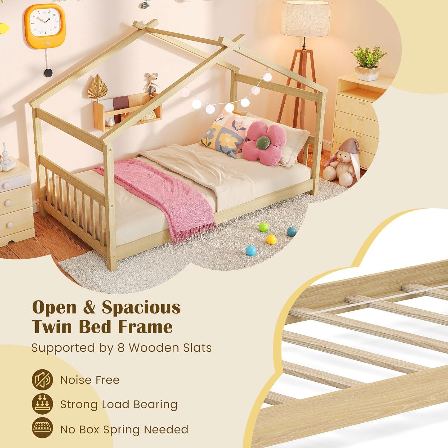 image:imageGiantex House Bed Twin Solid Wood Kids House Bed with Roof Headboard and Footboard Low Floor Twin Bed Frame for Toddlers Teens Girls Boys No Box Spring Needed WhiteNatural