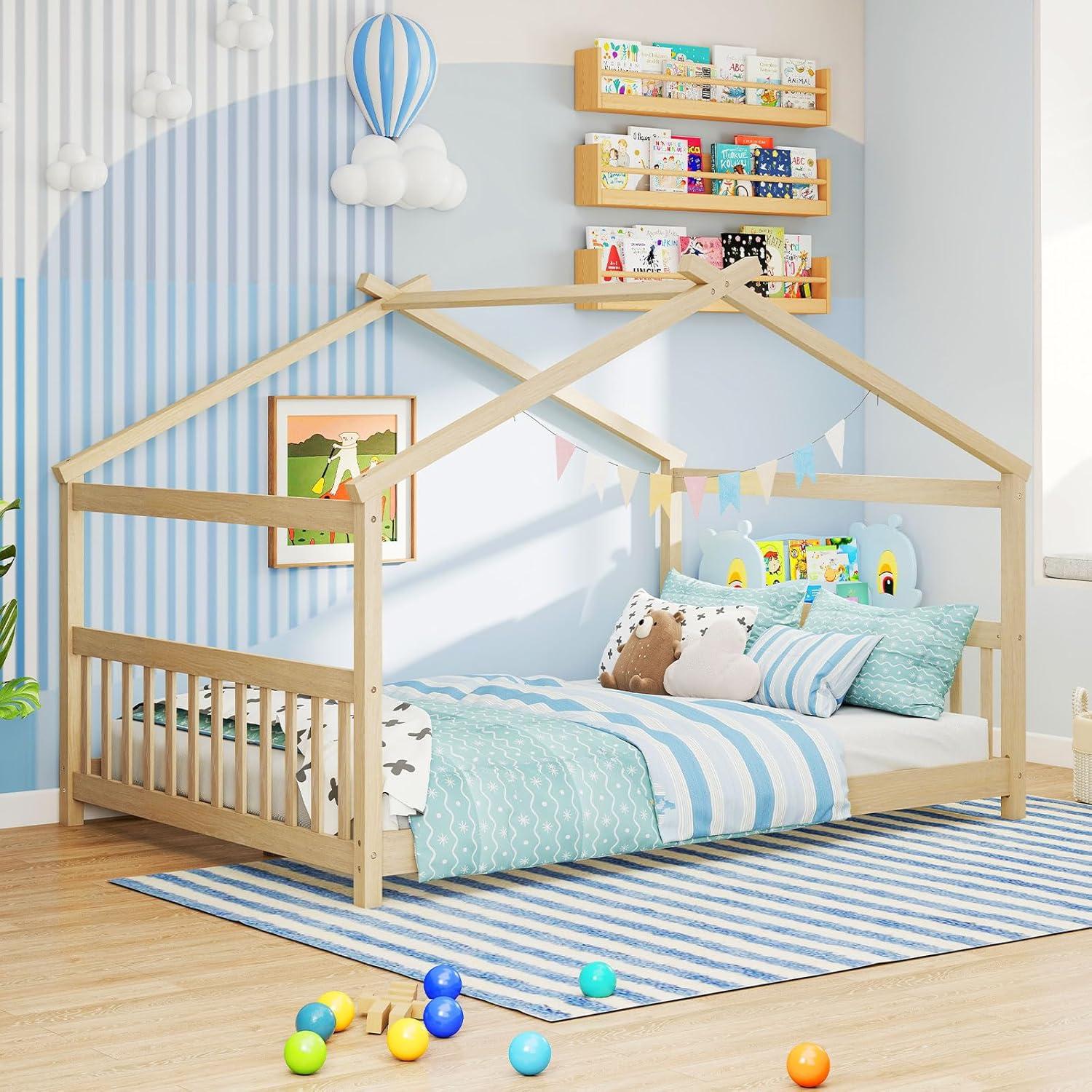 image:imageGiantex House Bed Twin Solid Wood Kids House Bed with Roof Headboard and Footboard Low Floor Twin Bed Frame for Toddlers Teens Girls Boys No Box Spring Needed WhiteNatural