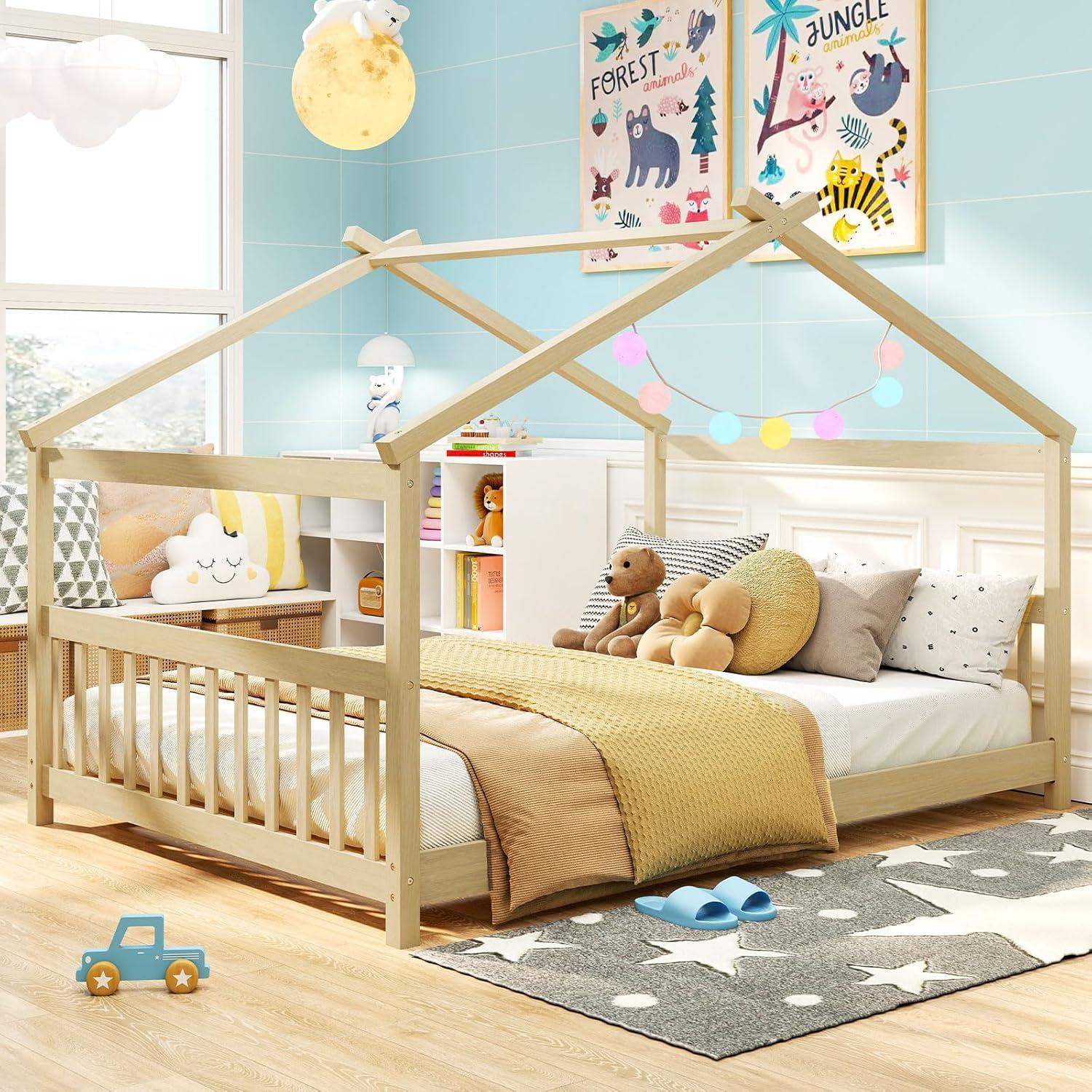 image:imageGiantex House Bed Twin Solid Wood Kids House Bed with Roof Headboard and Footboard Low Floor Twin Bed Frame for Toddlers Teens Girls Boys No Box Spring Needed WhiteNatural