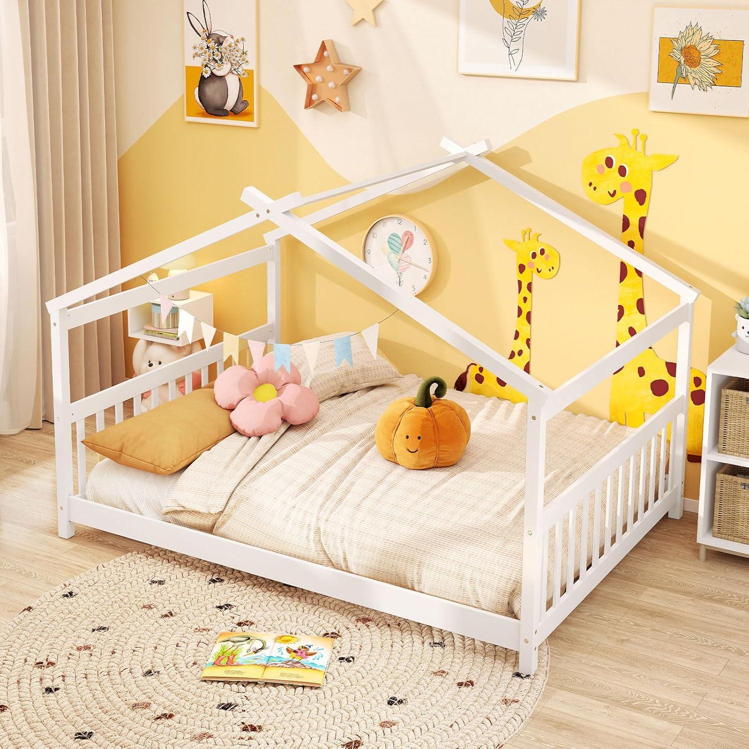 image:imageGiantex House Bed Twin Solid Wood Kids House Bed with Roof Headboard and Footboard Low Floor Twin Bed Frame for Toddlers Teens Girls Boys No Box Spring Needed WhiteWhite