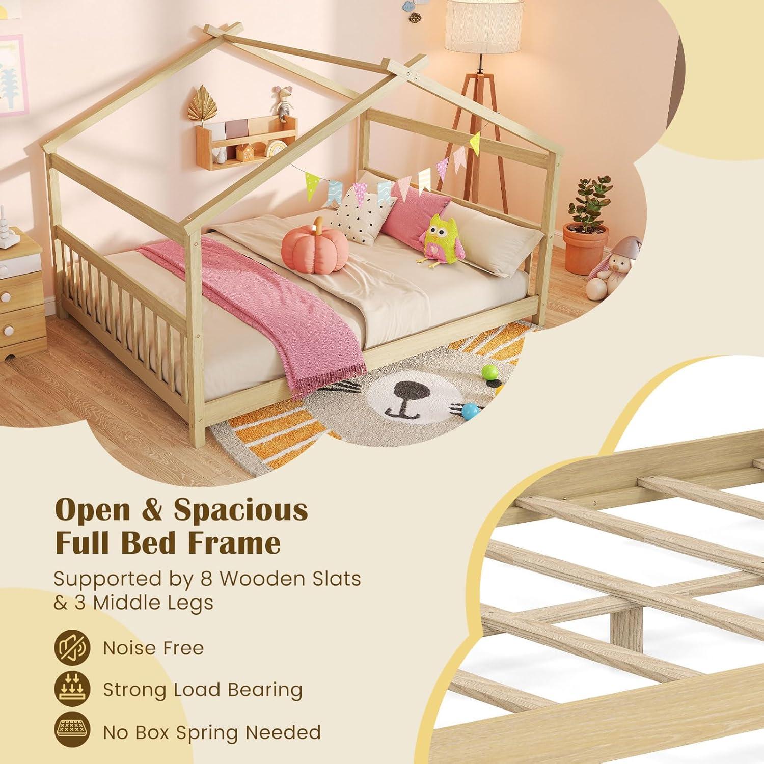 image:imageGiantex House Bed Twin Solid Wood Kids House Bed with Roof Headboard and Footboard Low Floor Twin Bed Frame for Toddlers Teens Girls Boys No Box Spring Needed WhiteNatural