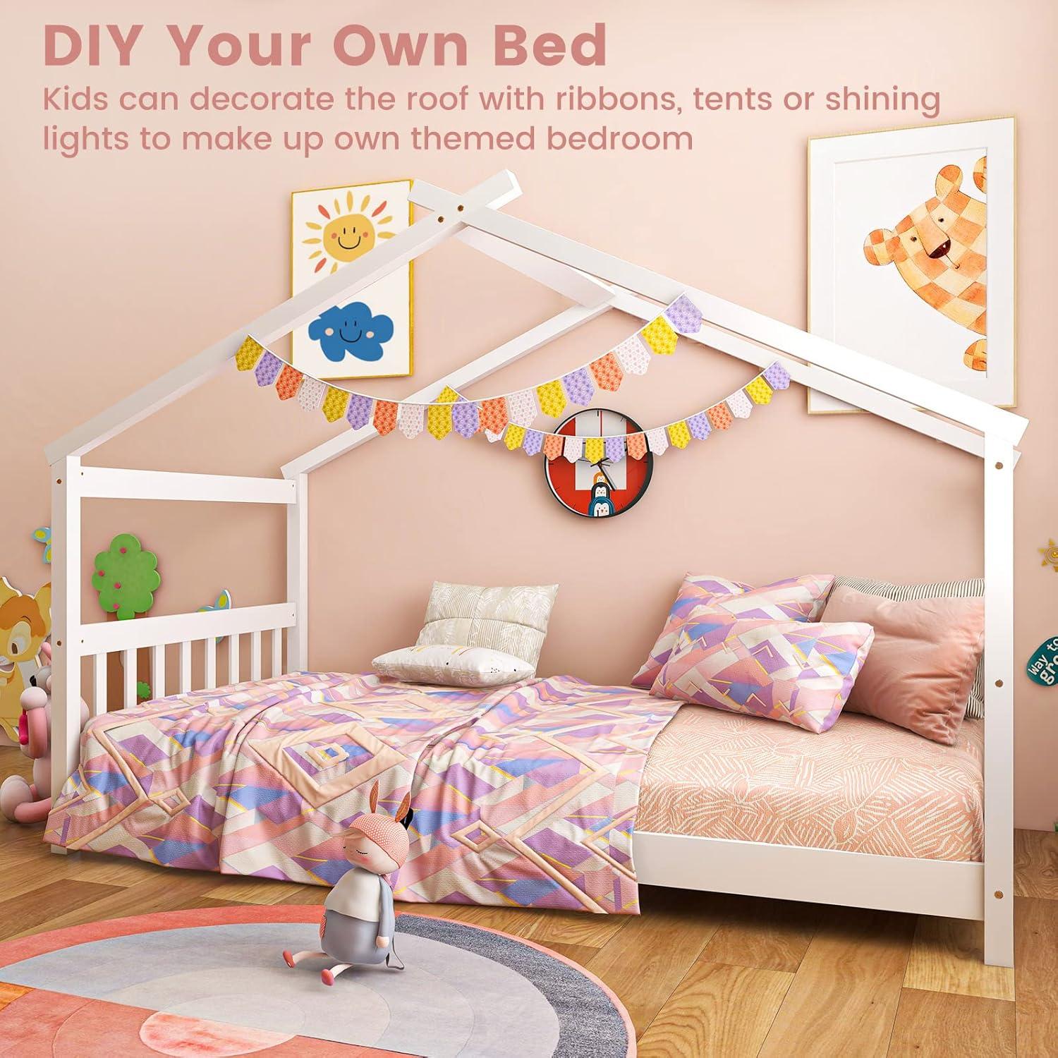 image:imageGiantex House Bed Twin Solid Wood Kids House Bed with Roof Headboard and Footboard Low Floor Twin Bed Frame for Toddlers Teens Girls Boys No Box Spring Needed WhiteWhite
