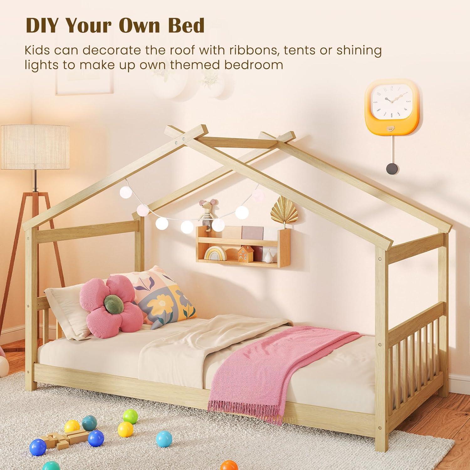 image:imageGiantex House Bed Twin Solid Wood Kids House Bed with Roof Headboard and Footboard Low Floor Twin Bed Frame for Toddlers Teens Girls Boys No Box Spring Needed WhiteNatural