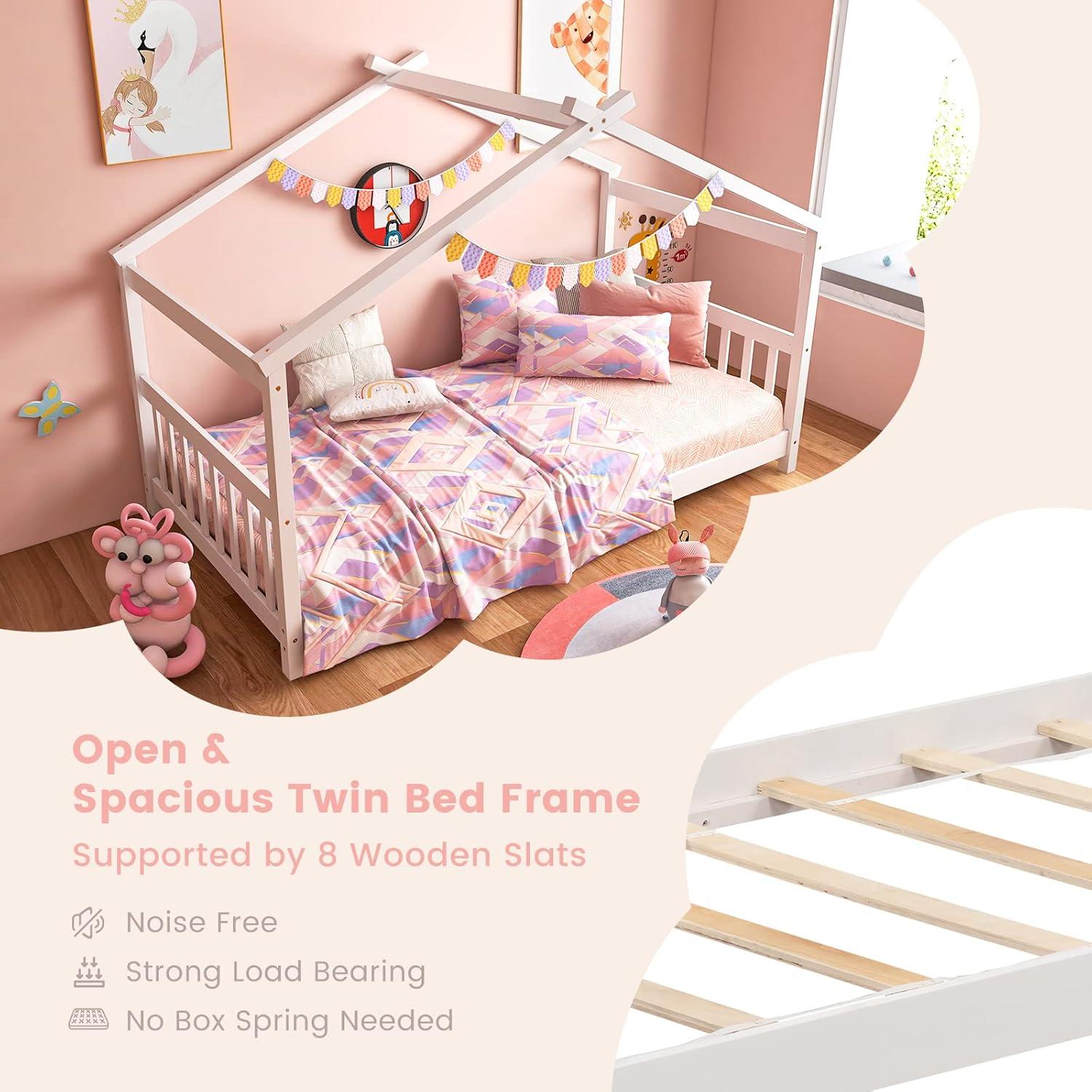 image:imageGiantex House Bed Twin Solid Wood Kids House Bed with Roof Headboard and Footboard Low Floor Twin Bed Frame for Toddlers Teens Girls Boys No Box Spring Needed WhiteWhite