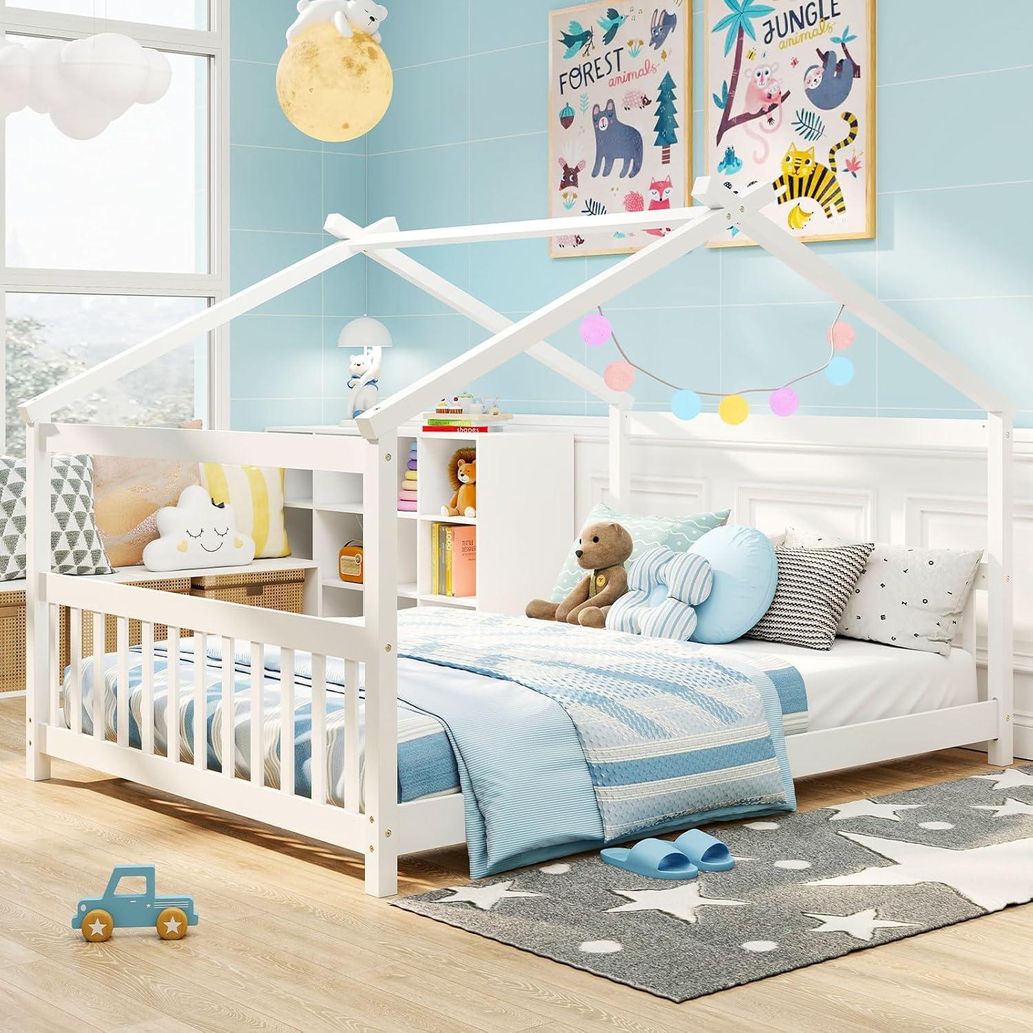 image:imageGiantex House Bed Twin Solid Wood Kids House Bed with Roof Headboard and Footboard Low Floor Twin Bed Frame for Toddlers Teens Girls Boys No Box Spring Needed WhiteWhite