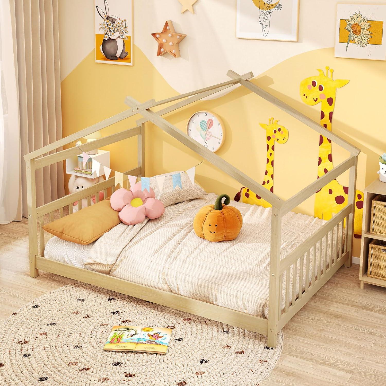 image:imageGiantex House Bed Twin Solid Wood Kids House Bed with Roof Headboard and Footboard Low Floor Twin Bed Frame for Toddlers Teens Girls Boys No Box Spring Needed WhiteNatural