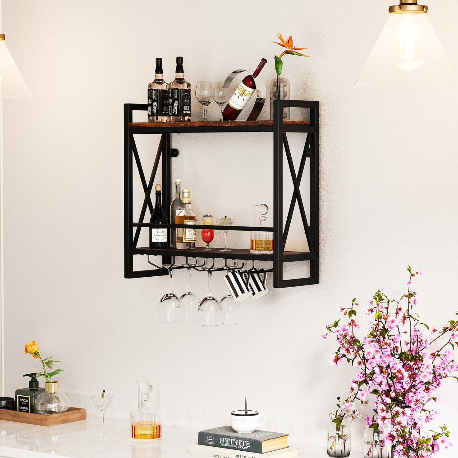 image:imageGiantex Industrial Wall Mounted Wine Rack 2Tier Metal Hanging Wine Bottle Glass Rack with 14Bottle amp 12Mug Holders Wall Wine Floating Shelves for Home Bar Kitchen Dining Room Rustic Brown235 x 8 x 215